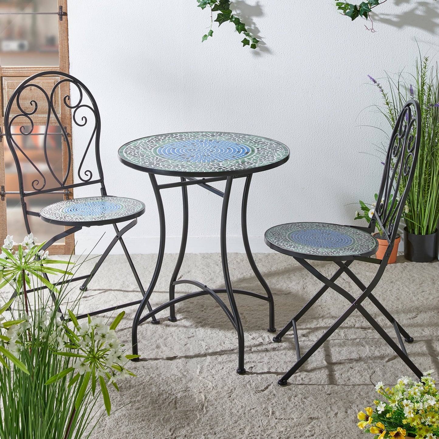 Glitzhome Ensemble de Bistro Pliable en Métal pour Extérieur 3 Pièces, Table et Chaises de Patio