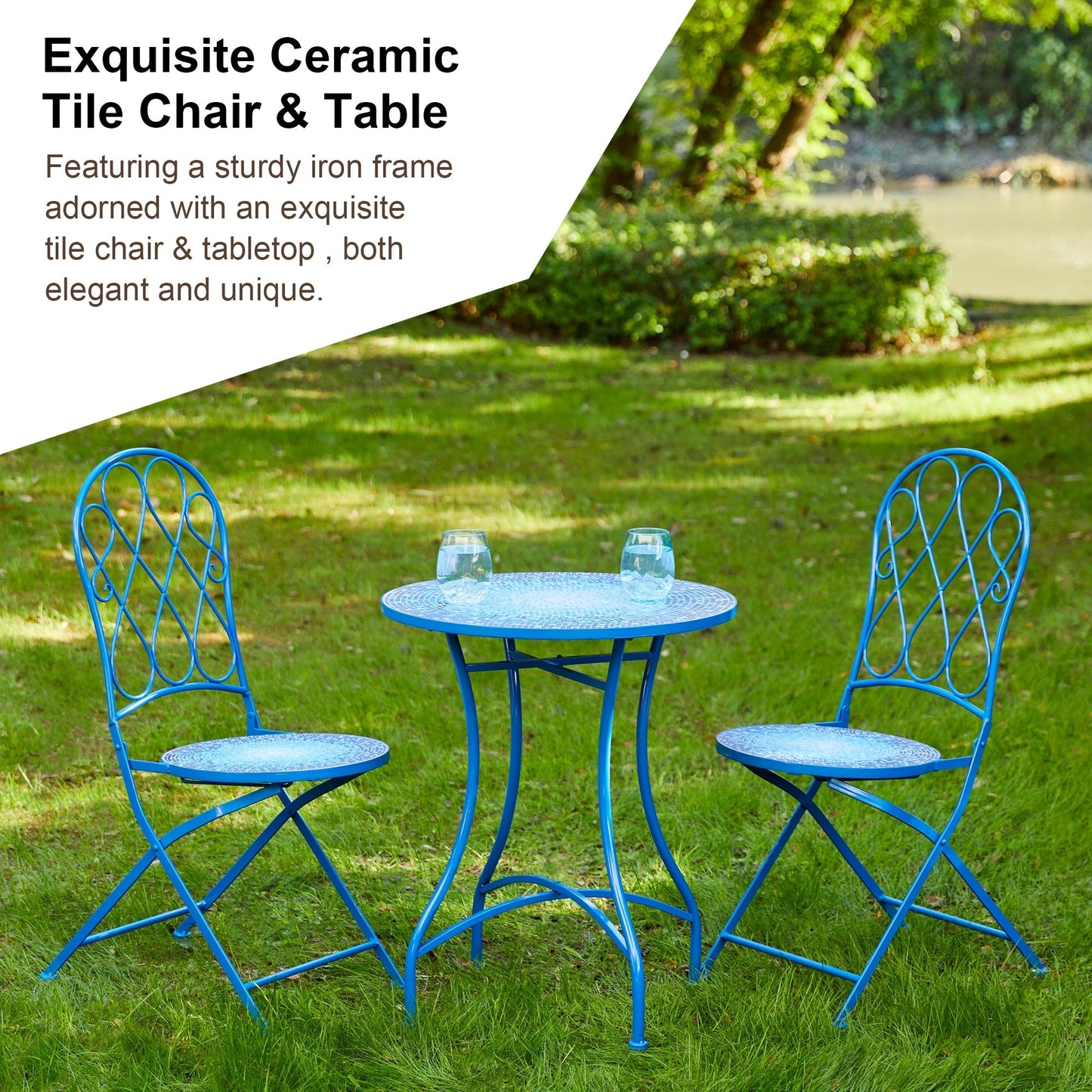 Glitzhome Ensemble de Bistro Pliable en Métal pour Extérieur 3 Pièces, Table et Chaises de Patio