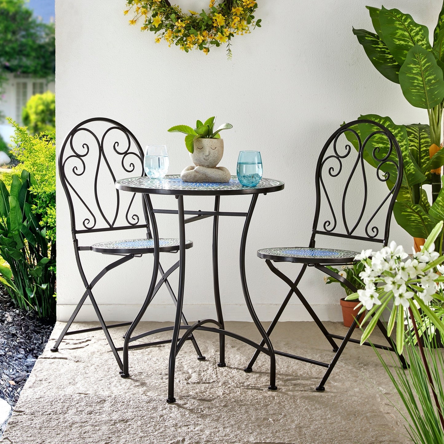 Glitzhome Ensemble de Bistro Pliable en Métal pour Extérieur 3 Pièces, Table et Chaises de Patio