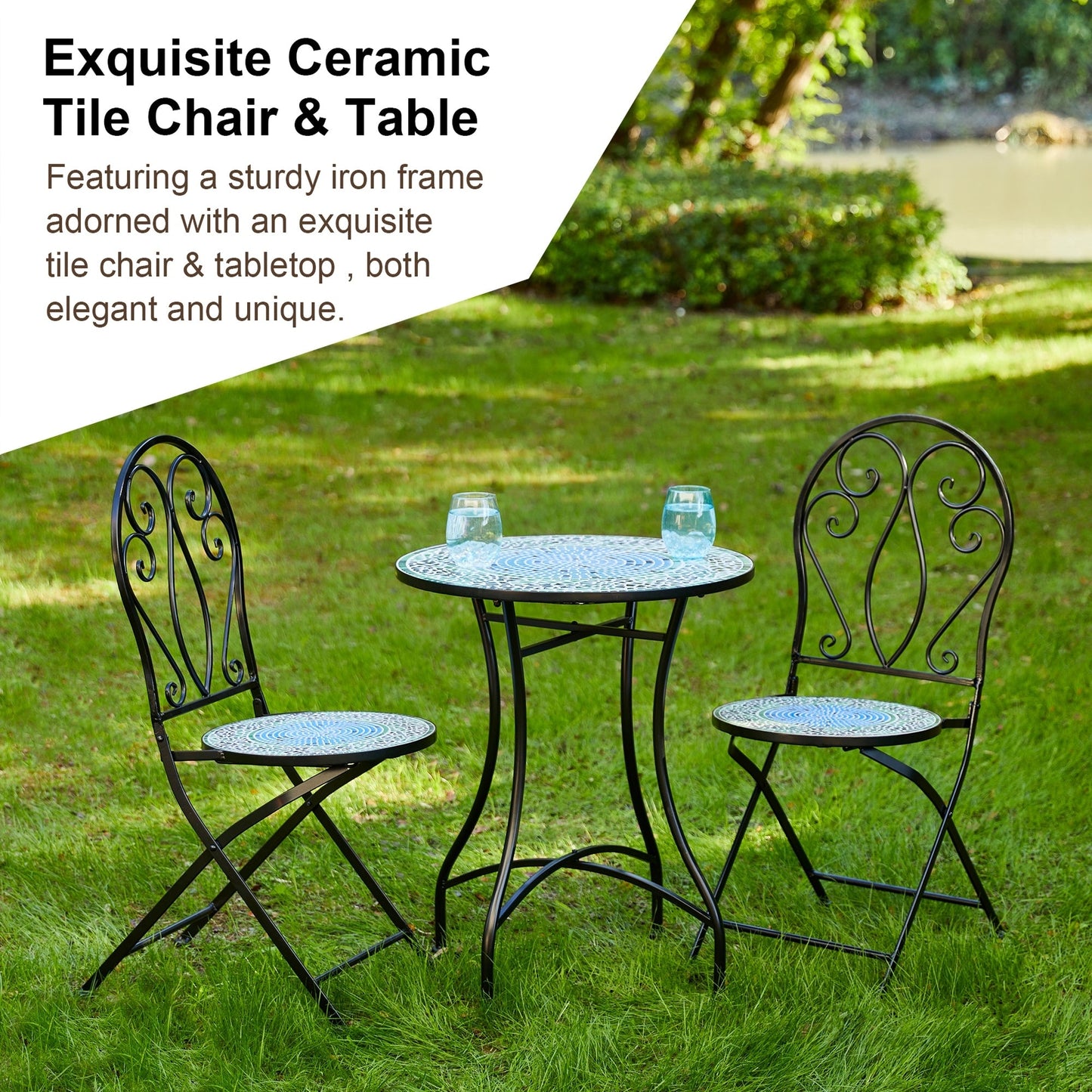 Glitzhome Ensemble de Bistro Pliable en Métal pour Extérieur 3 Pièces, Table et Chaises de Patio