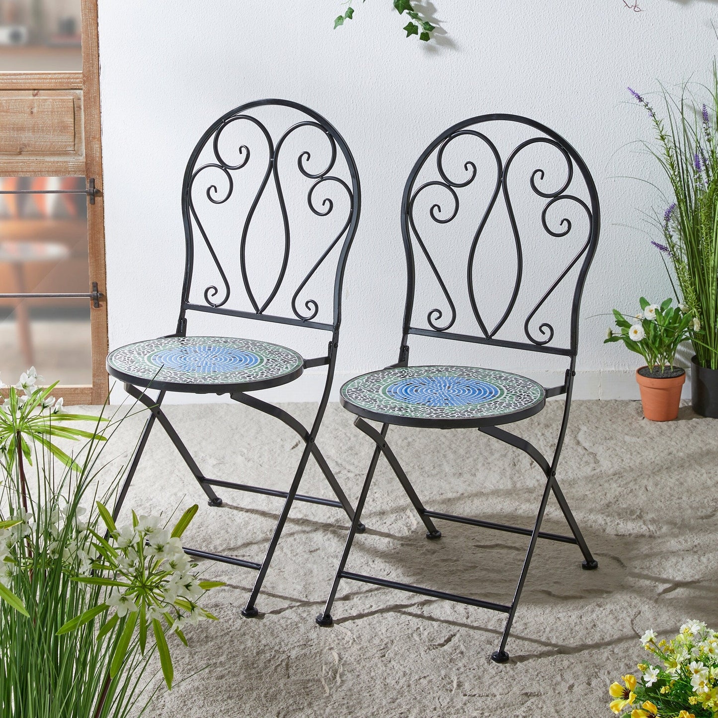 Glitzhome Ensemble de Bistro Pliable en Métal pour Extérieur 3 Pièces, Table et Chaises de Patio