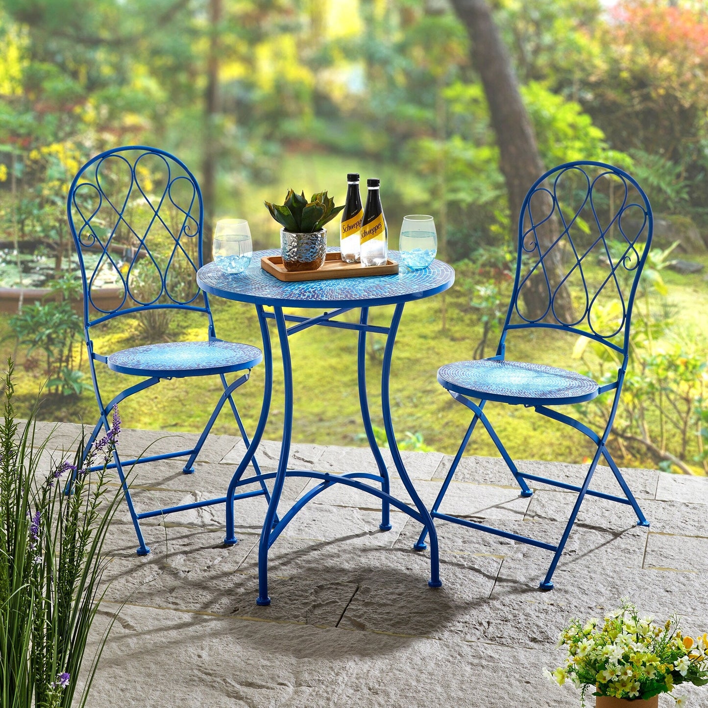Glitzhome Ensemble de Bistro Pliable en Métal pour Extérieur 3 Pièces, Table et Chaises de Patio