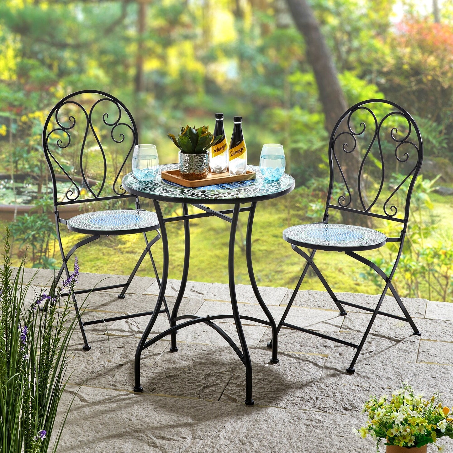 Glitzhome Ensemble de Bistro Pliable en Métal pour Extérieur 3 Pièces, Table et Chaises de Patio