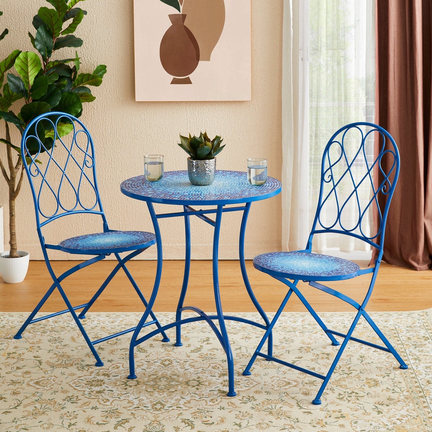 Glitzhome Ensemble de Bistro Pliable en Métal pour Extérieur 3 Pièces, Table et Chaises de Patio