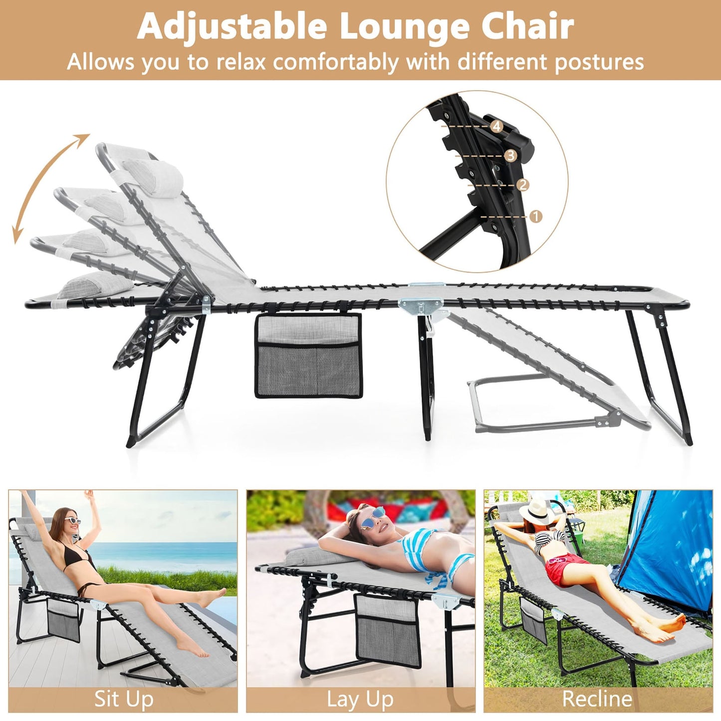 Gymax Chaise de plage pliable, chaise longue avec coussin, 4 positions