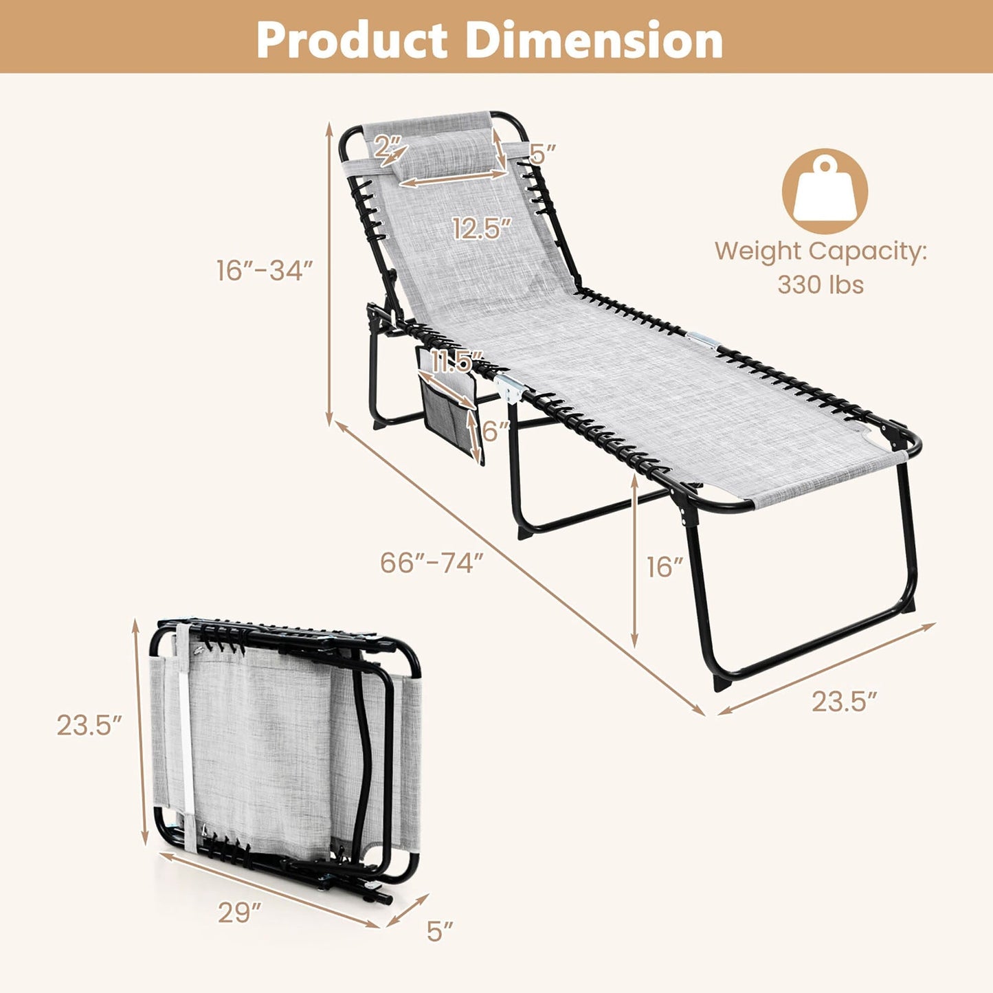 Gymax Chaise de plage pliable, chaise longue avec coussin, 4 positions
