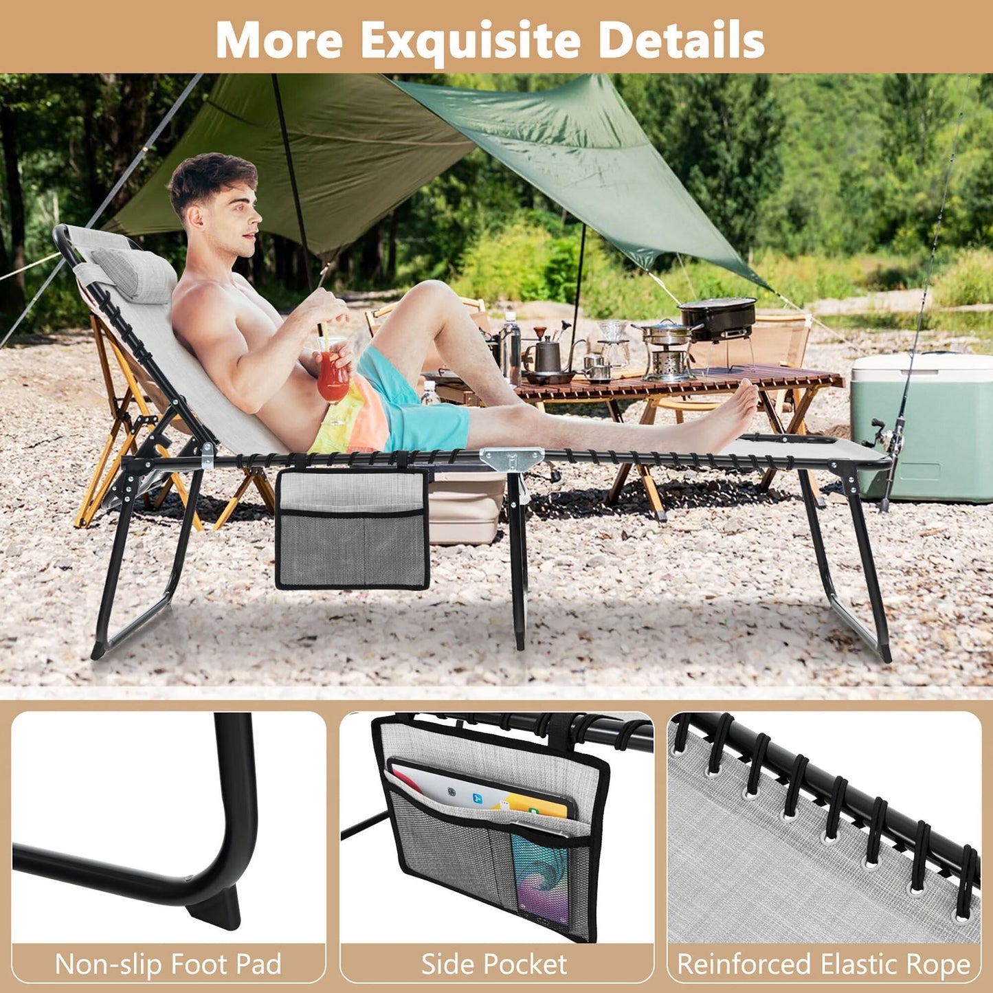 Gymax Chaise de plage pliable, chaise longue avec coussin, 4 positions