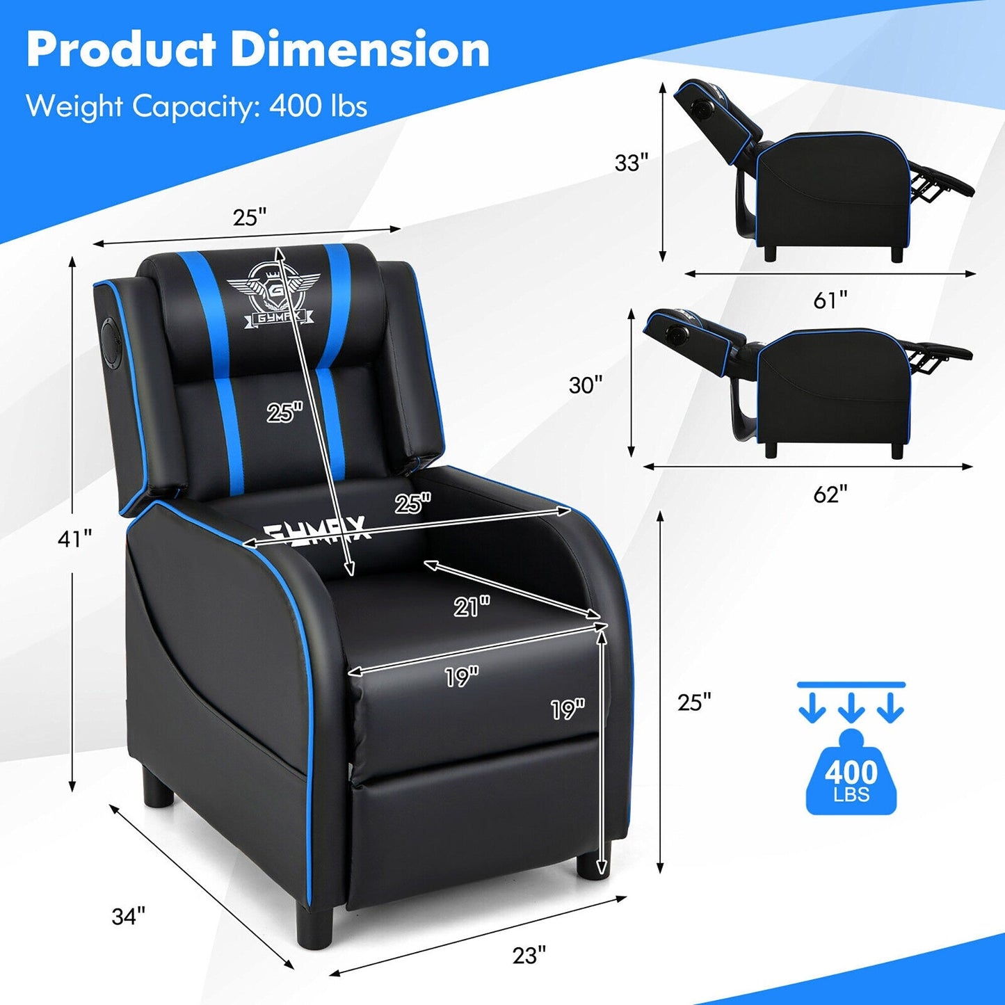 Fauteuil inclinable de jeu Gymax avec fonction de massage, en cuir PU, pour une personne.
