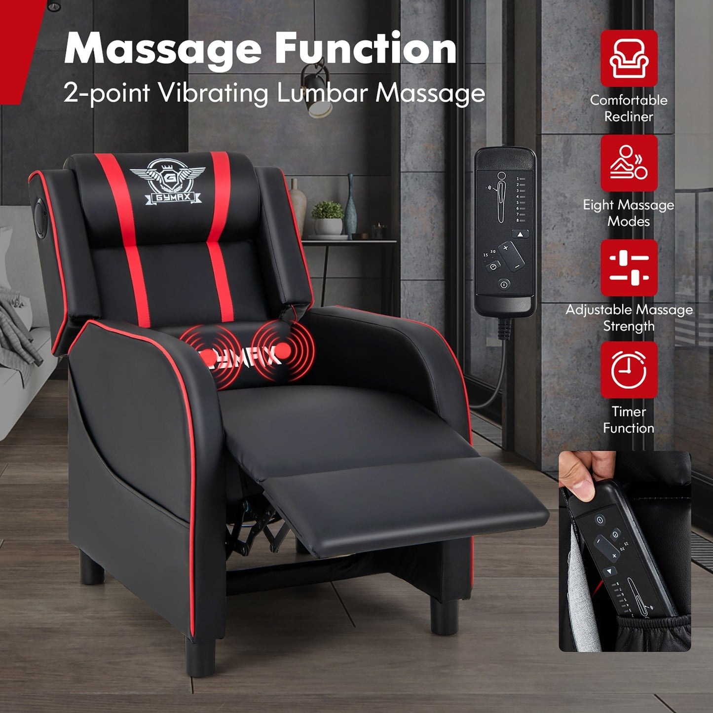 Fauteuil inclinable de jeu Gymax avec fonction de massage, en cuir PU, pour une personne.