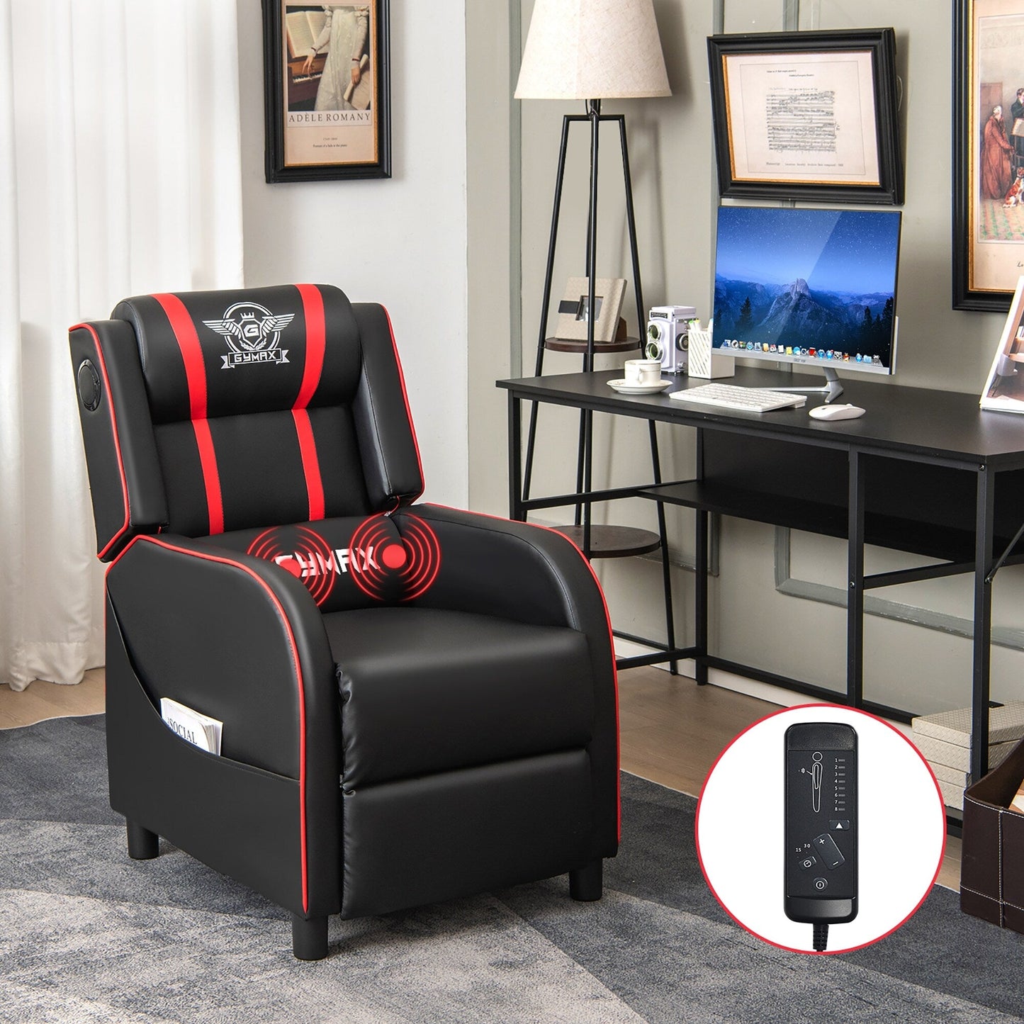Fauteuil inclinable de jeu Gymax avec fonction de massage, en cuir PU, pour une personne.