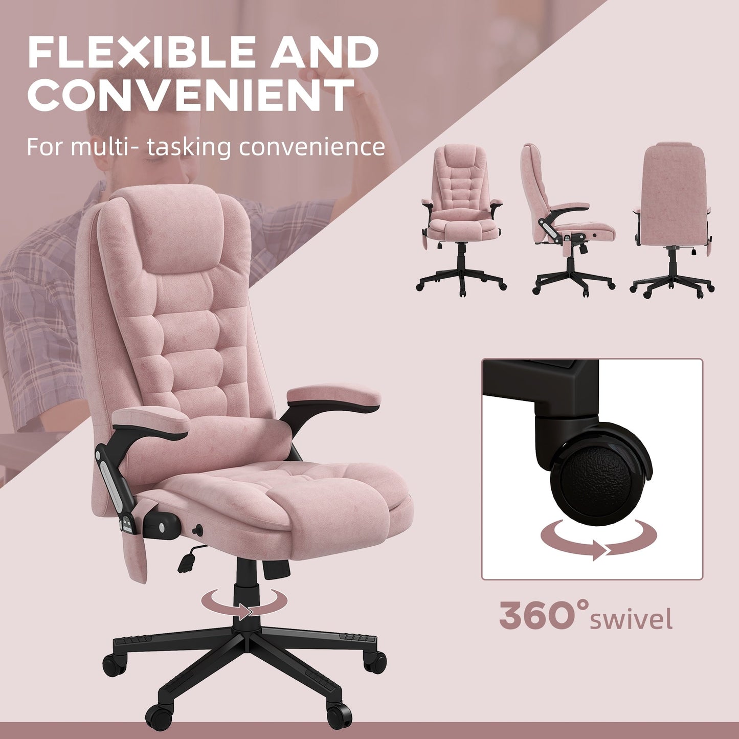 HOMCOM Chaise de bureau de massage vibrante à 6 points avec fonction chauffante, chaise de bureau de direction à dossier haut en velours avec dossier inclinable