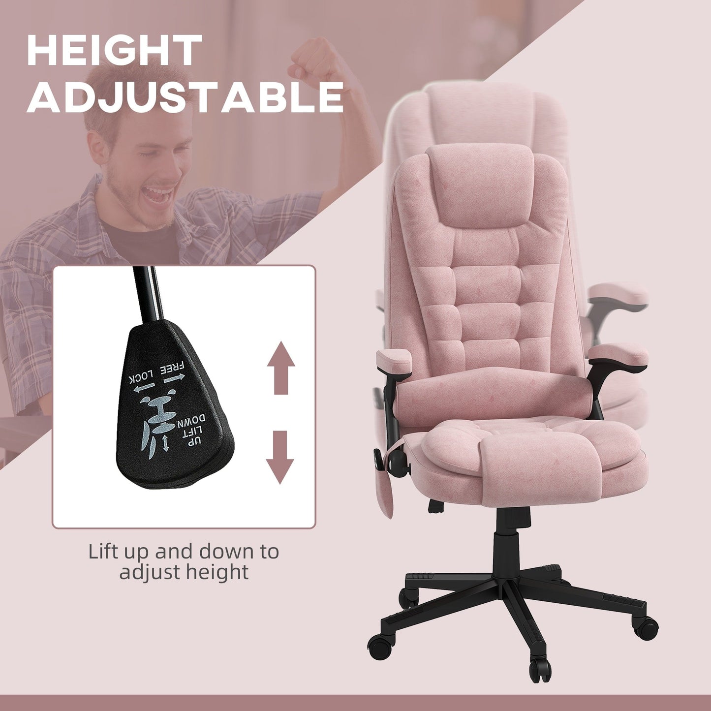 HOMCOM Chaise de bureau de massage vibrante à 6 points avec fonction chauffante, chaise de bureau de direction à dossier haut en velours avec dossier inclinable
