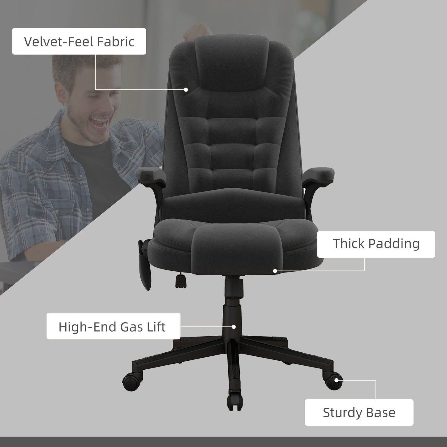 HOMCOM Chaise de bureau de massage vibrante à 6 points avec fonction chauffante, chaise de bureau de direction à dossier haut en velours avec dossier inclinable