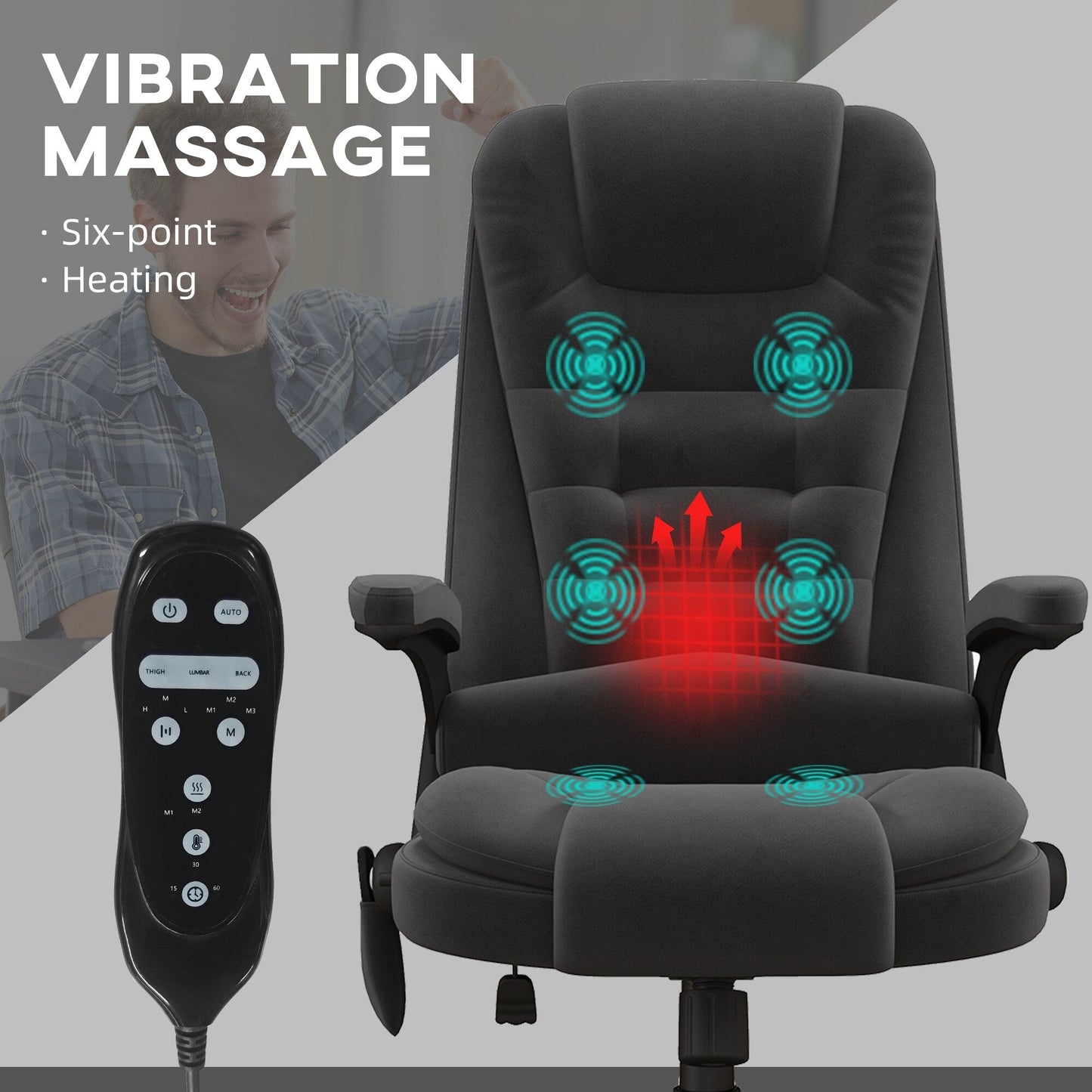 HOMCOM Chaise de bureau de massage vibrante à 6 points avec fonction chauffante, chaise de bureau de direction à dossier haut en velours avec dossier inclinable