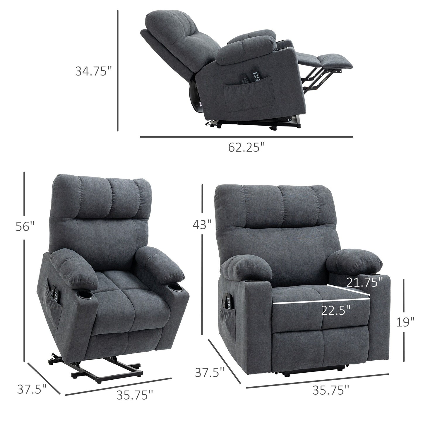 HOMCOM Fauteuil releveur électrique pour personnes âgées, fauteuil inclinable surdimensionné pour salon avec télécommande