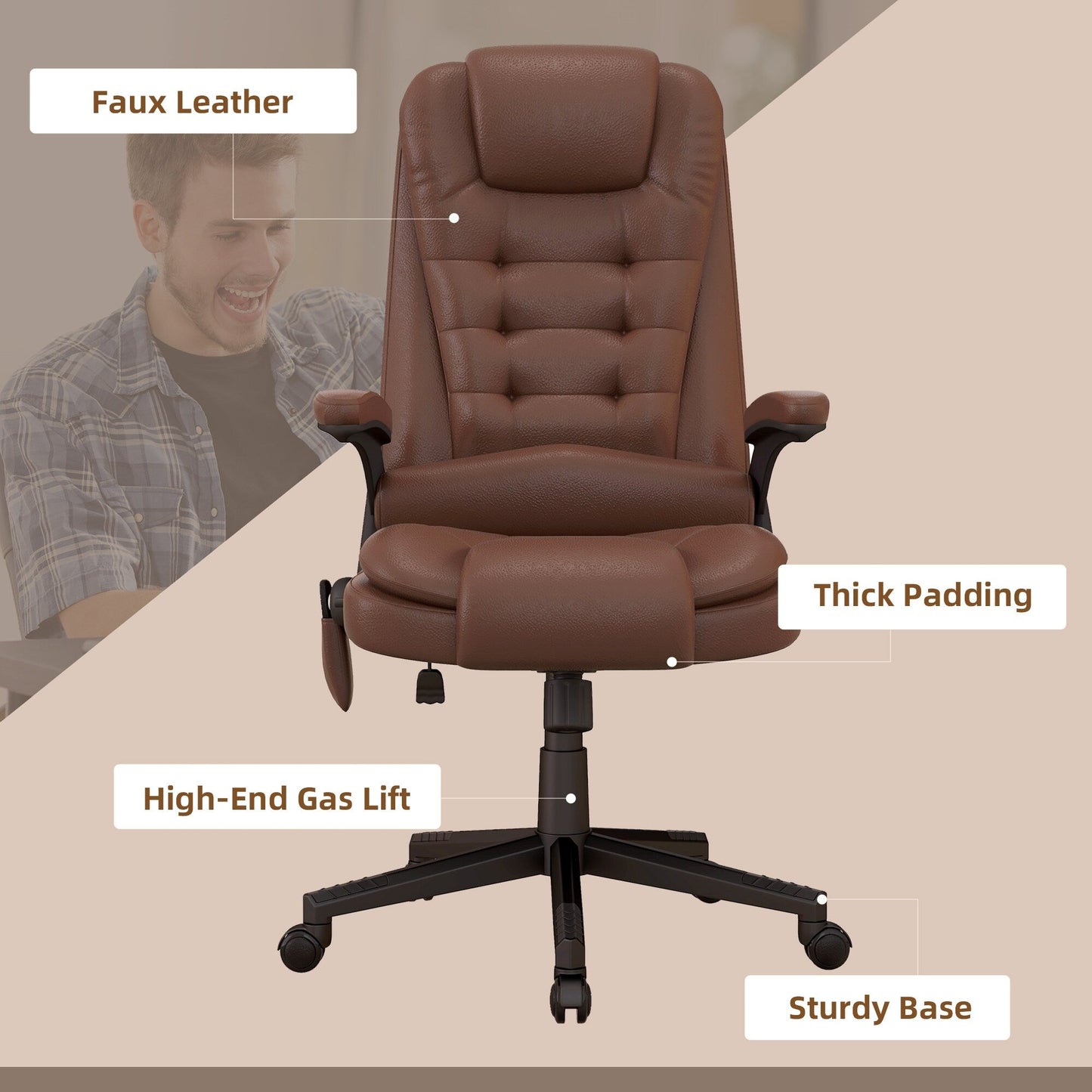 HOMCOM Chaise de bureau de massage à vibration avec dossier haut et 6 points de vibration, beige