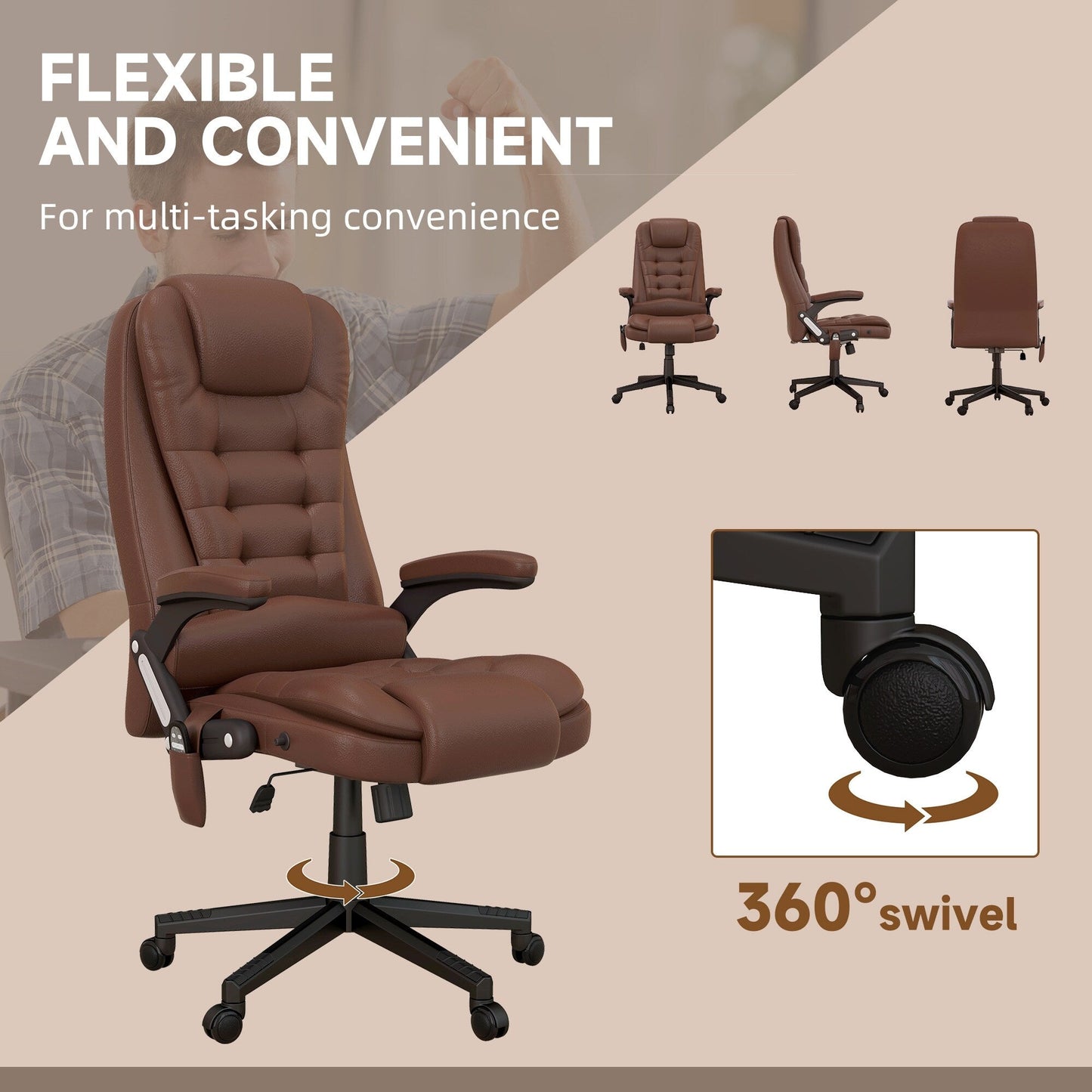 HOMCOM Chaise de bureau de massage à vibration avec dossier haut et 6 points de vibration, beige