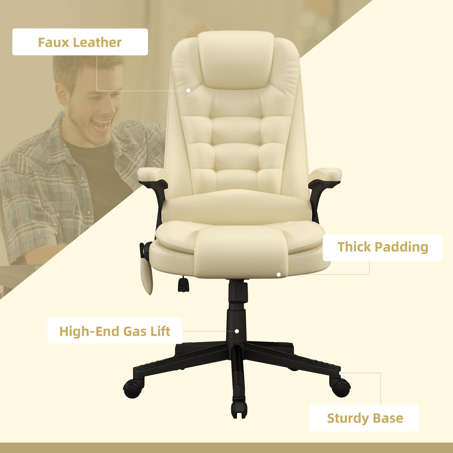 HOMCOM Chaise de bureau de massage à vibration avec dossier haut et 6 points de vibration, beige
