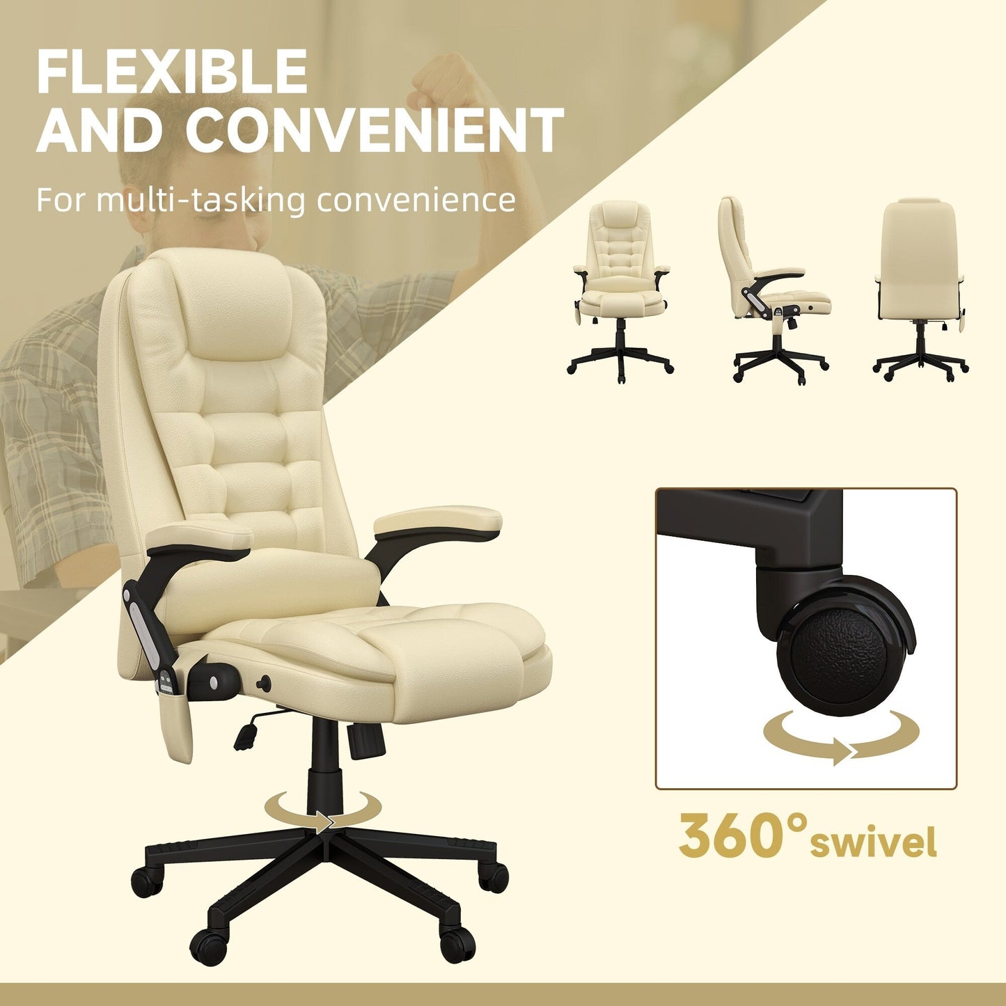 HOMCOM Chaise de bureau de massage à vibration avec dossier haut et 6 points de vibration, beige