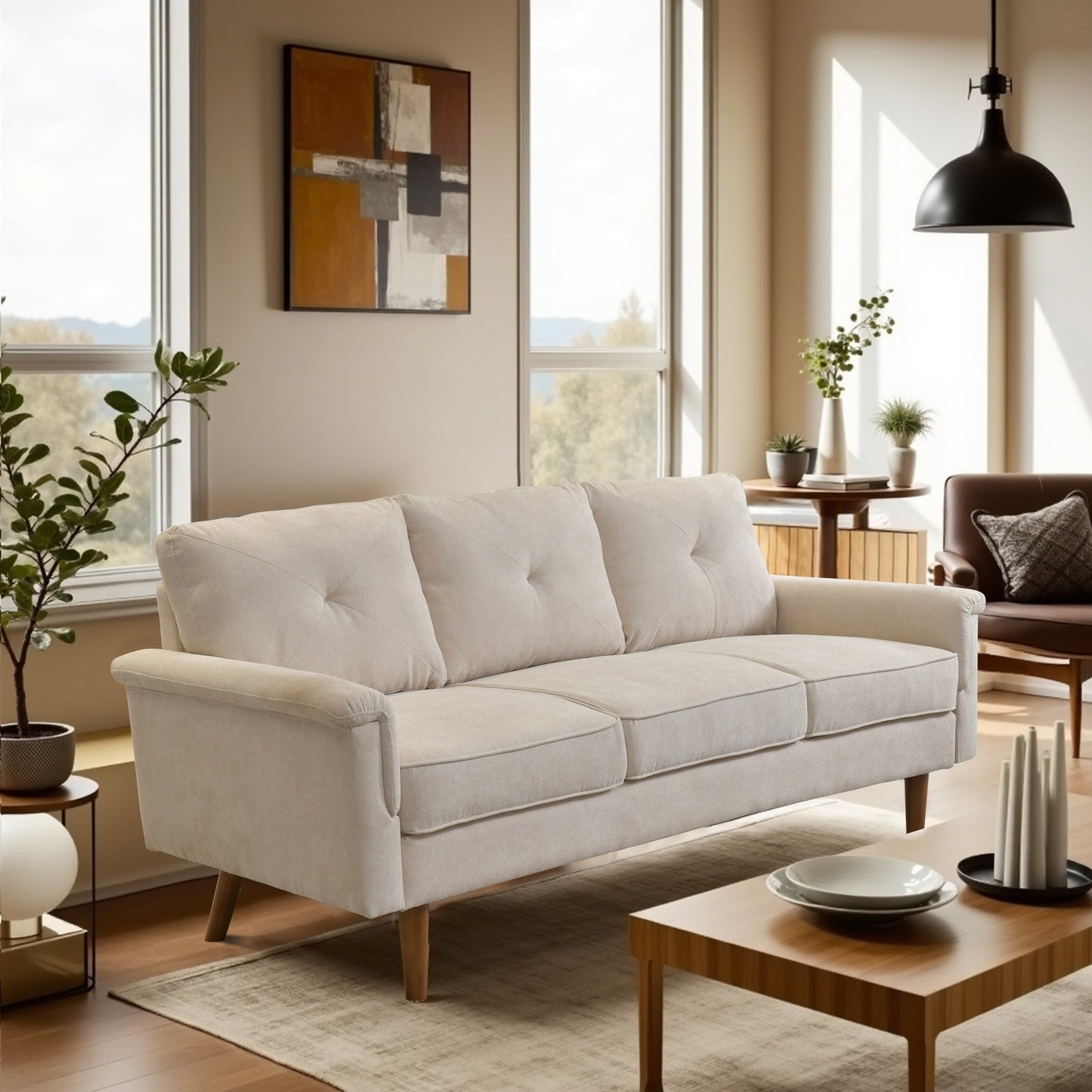 Canapé 3 places HOOOWOOO Mid-Century, recouvert de tissu, avec pieds en bois pour salon