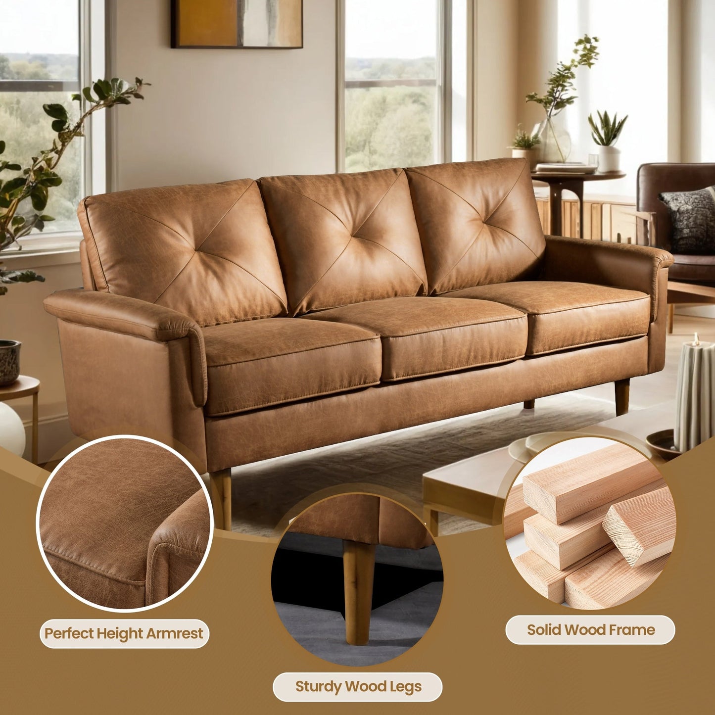 Canapé 3 places HOOOWOOO Mid-Century, recouvert de tissu, avec pieds en bois pour salon
