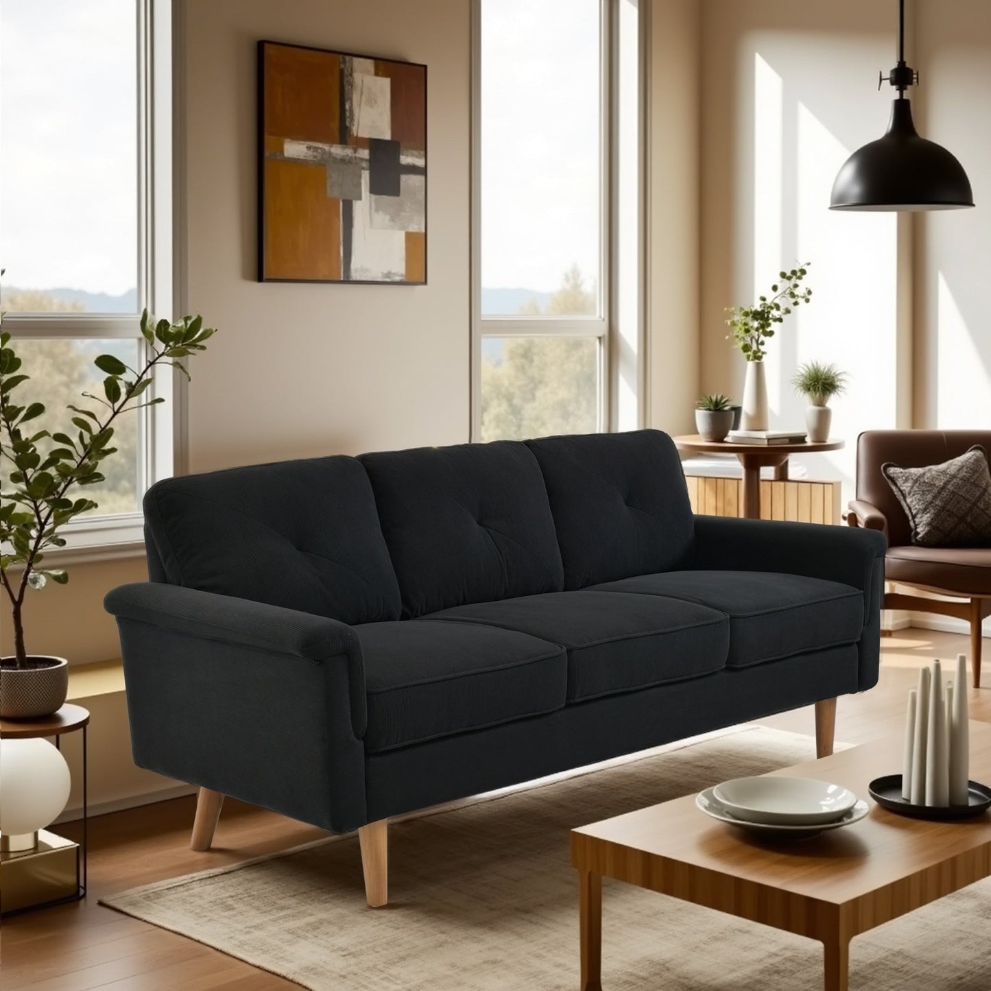 Canapé 3 places HOOOWOOO Mid-Century, recouvert de tissu, avec pieds en bois pour salon