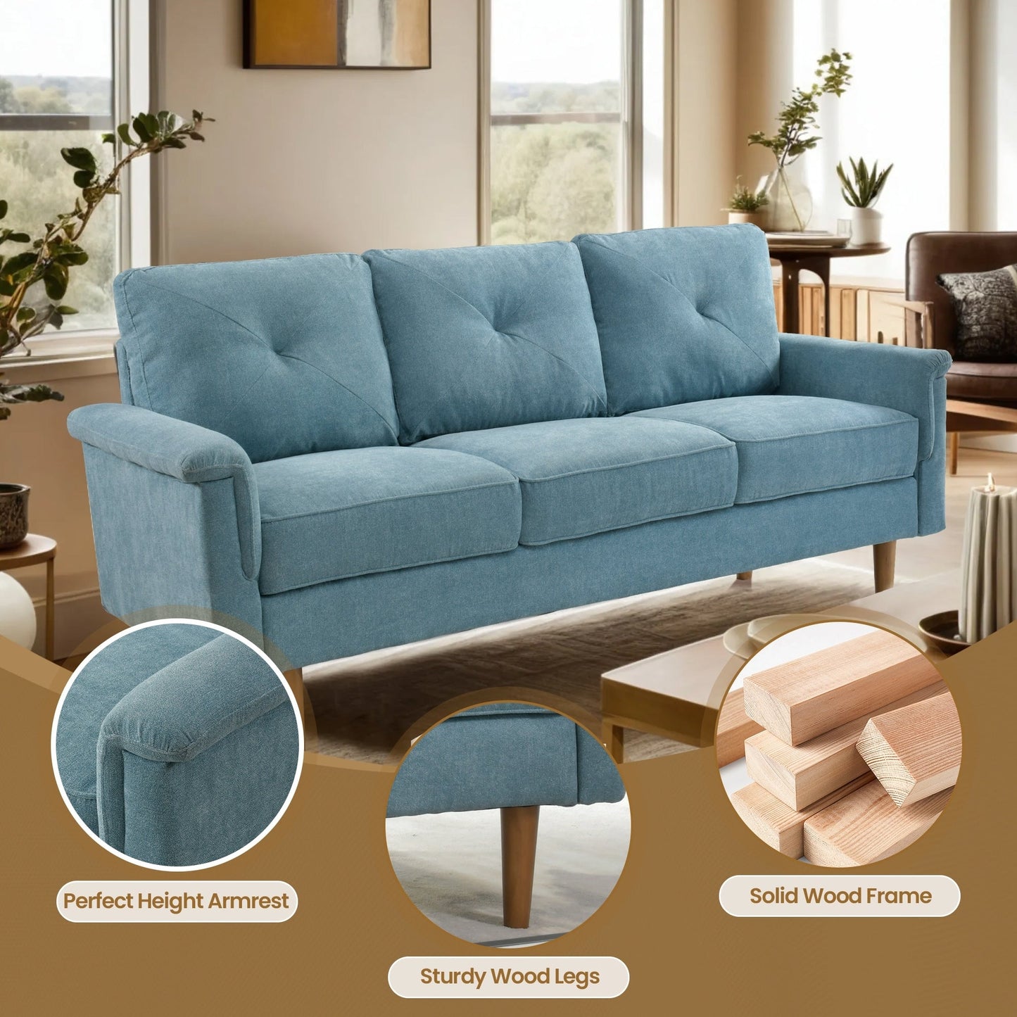 Canapé 3 places HOOOWOOO Mid-Century, recouvert de tissu, avec pieds en bois pour salon