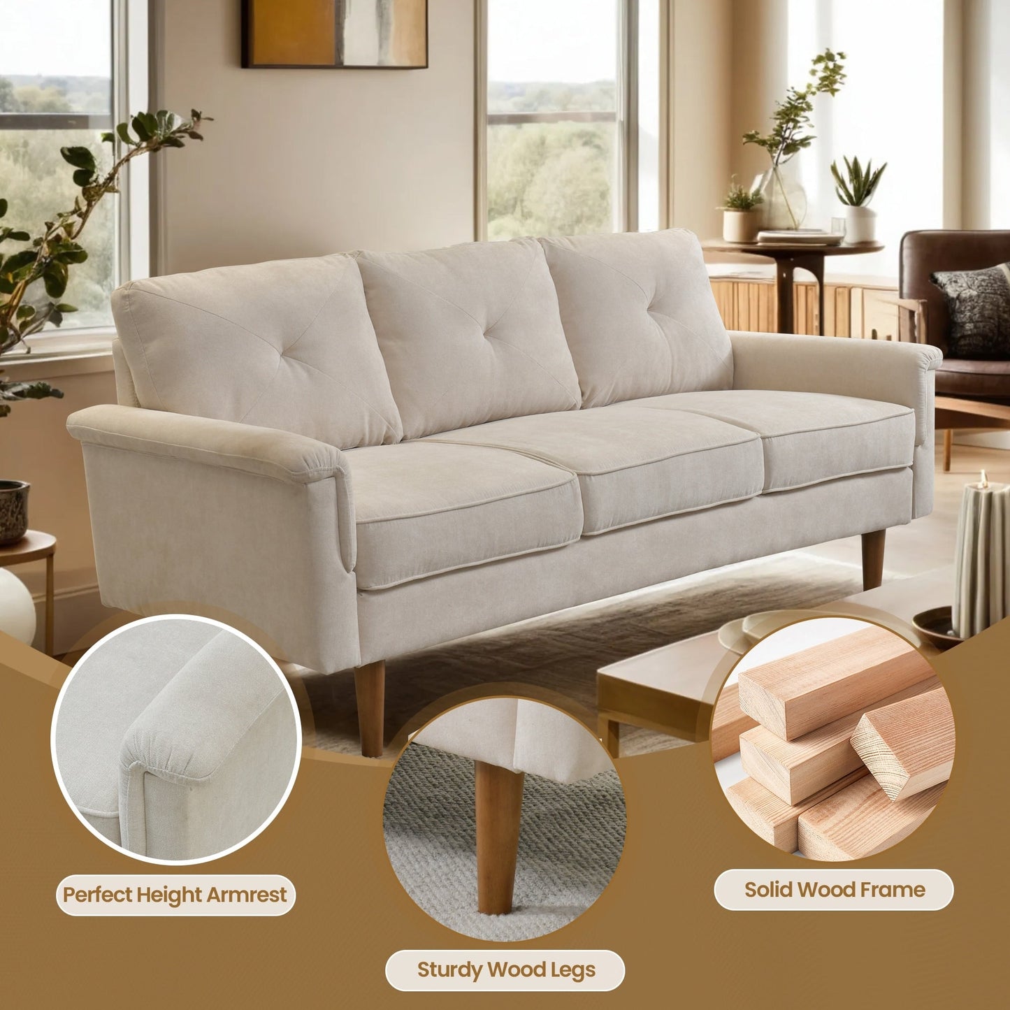 Canapé 3 places HOOOWOOO Mid-Century, recouvert de tissu, avec pieds en bois pour salon