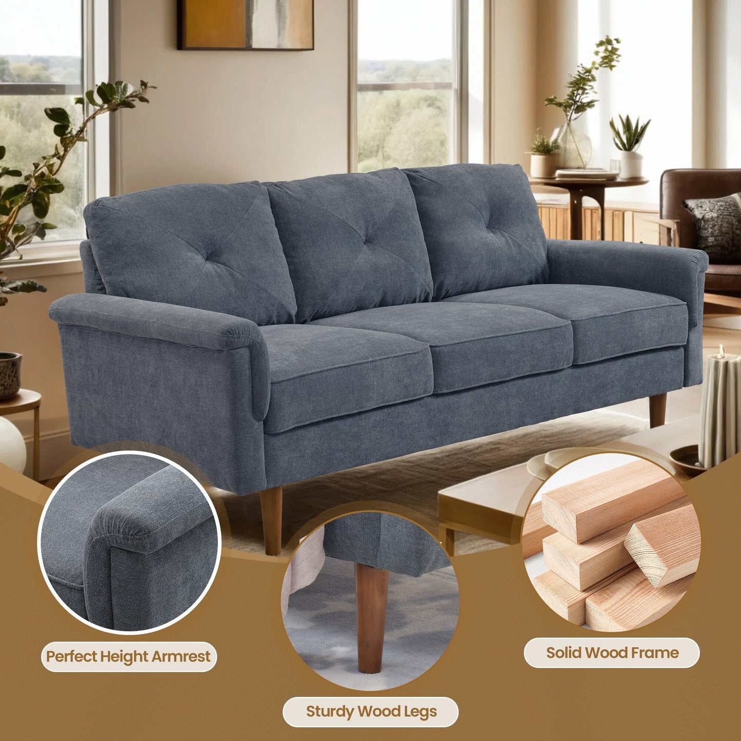 Canapé 3 places HOOOWOOO Mid-Century, recouvert de tissu, avec pieds en bois pour salon