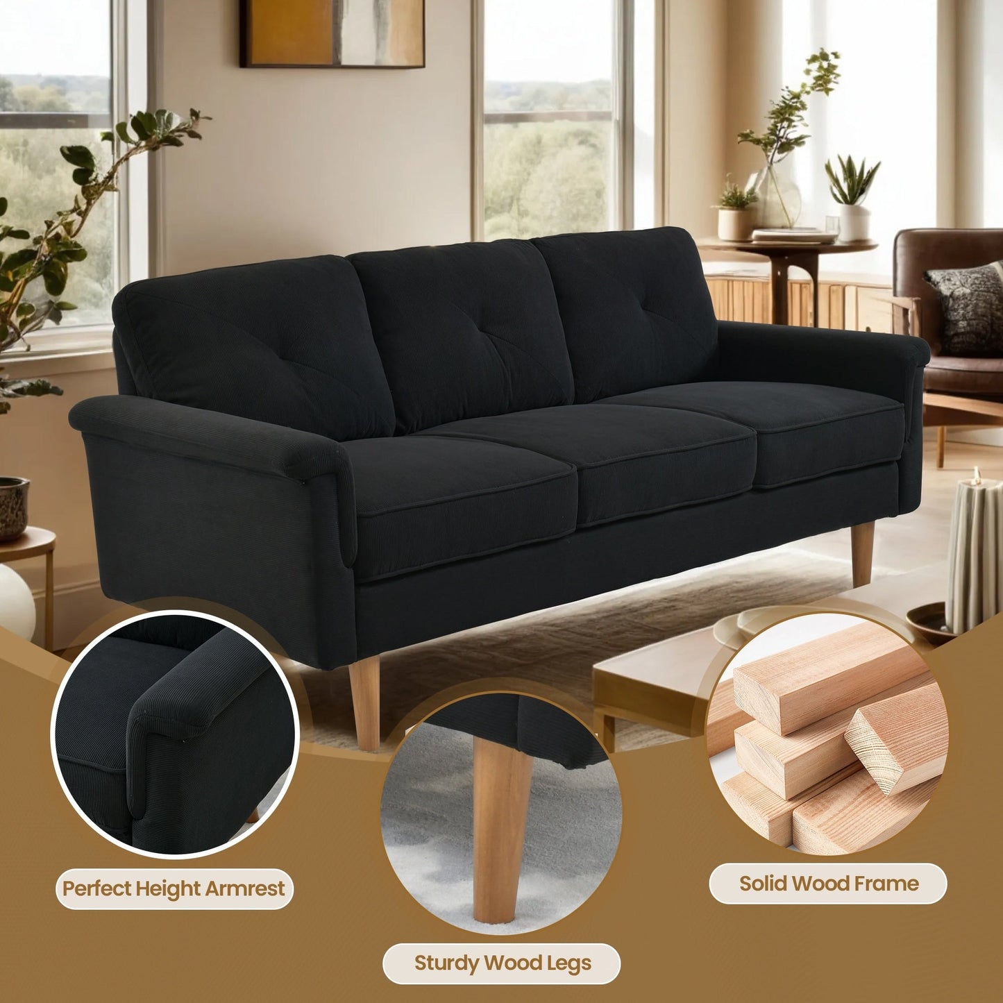 Canapé 3 places HOOOWOOO Mid-Century, recouvert de tissu, avec pieds en bois pour salon