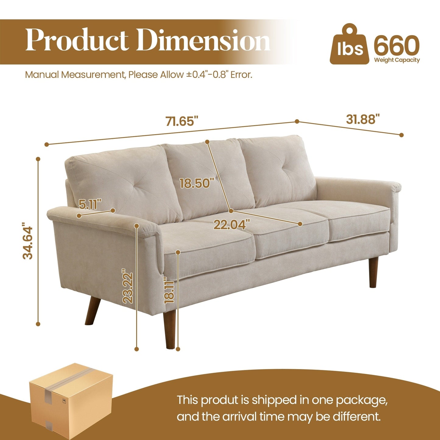 Canapé 3 places HOOOWOOO Mid-Century, recouvert de tissu, avec pieds en bois pour salon