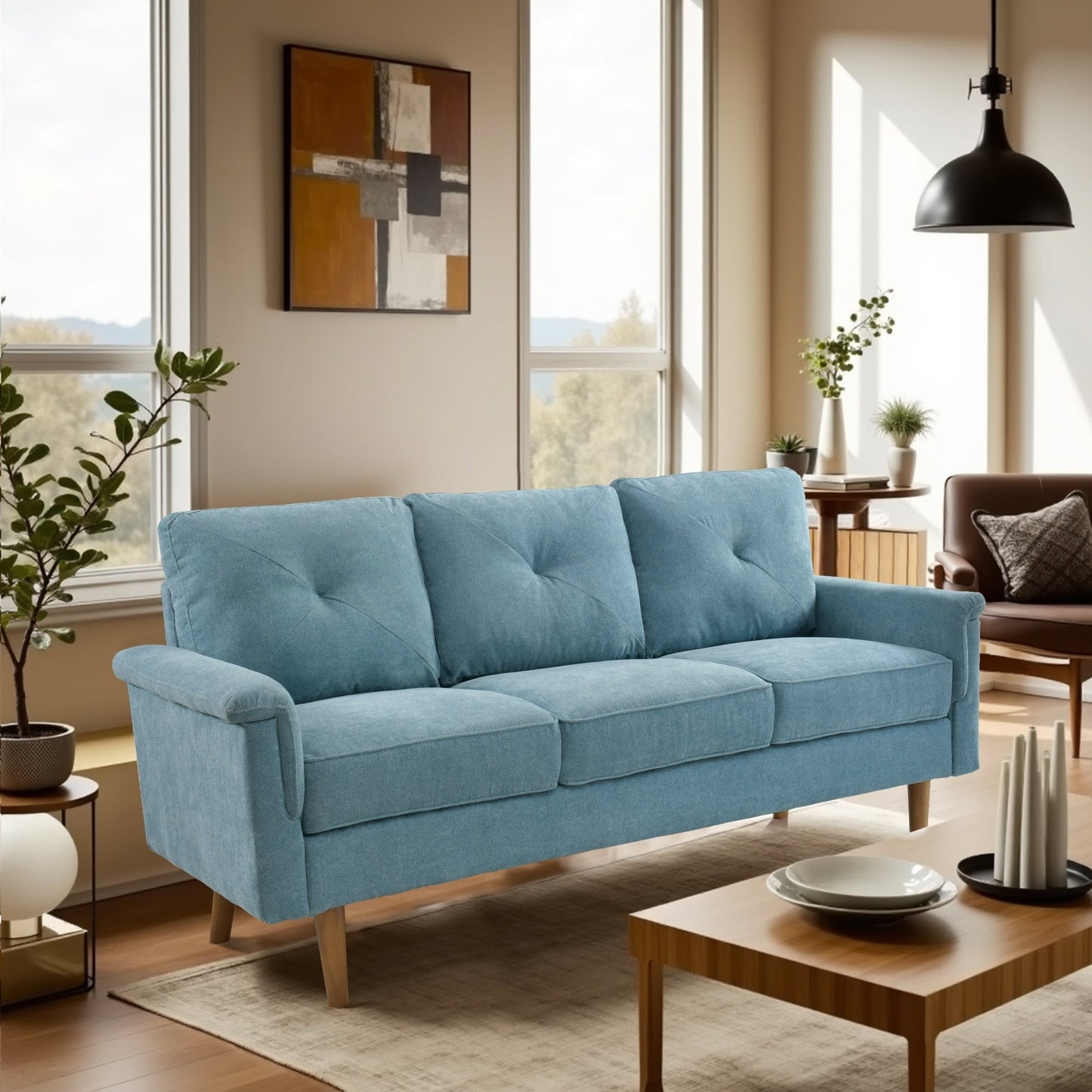 Canapé 3 places HOOOWOOO Mid-Century, recouvert de tissu, avec pieds en bois pour salon