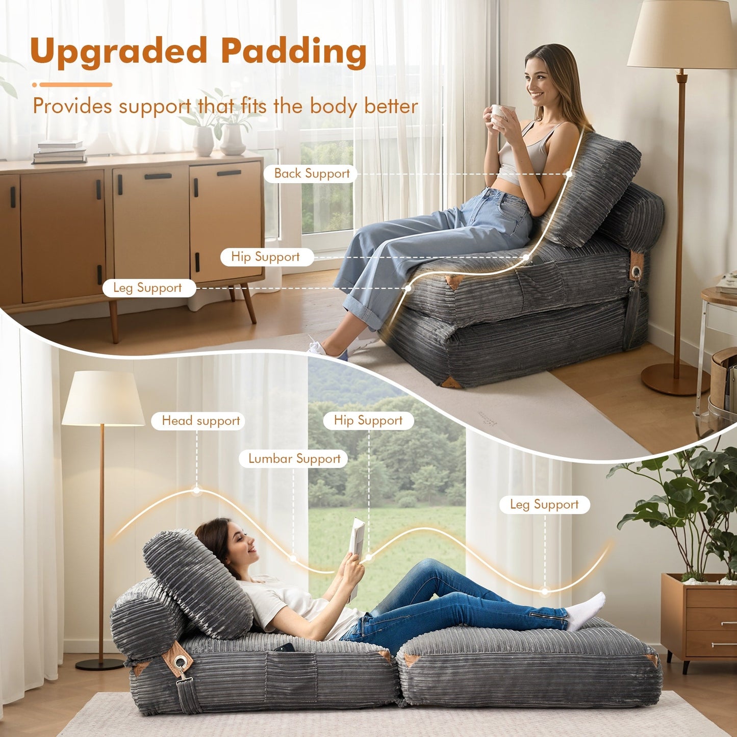 Canapé-lit pliable en tissu corduroy moderne HOOOWOOO