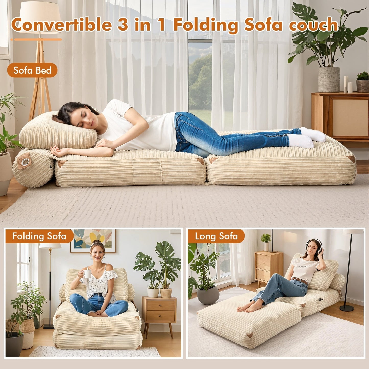 Canapé-lit pliable en tissu corduroy moderne HOOOWOOO