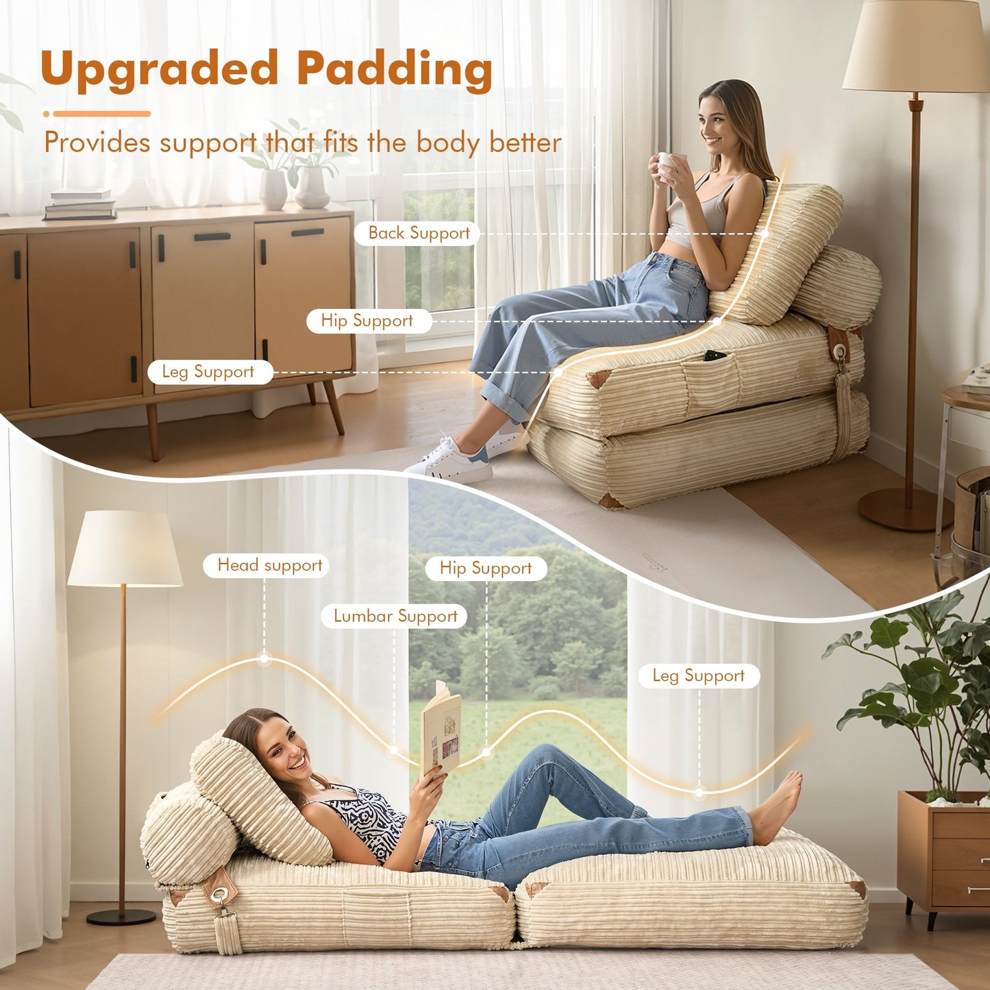 Canapé-lit pliable en tissu corduroy moderne HOOOWOOO