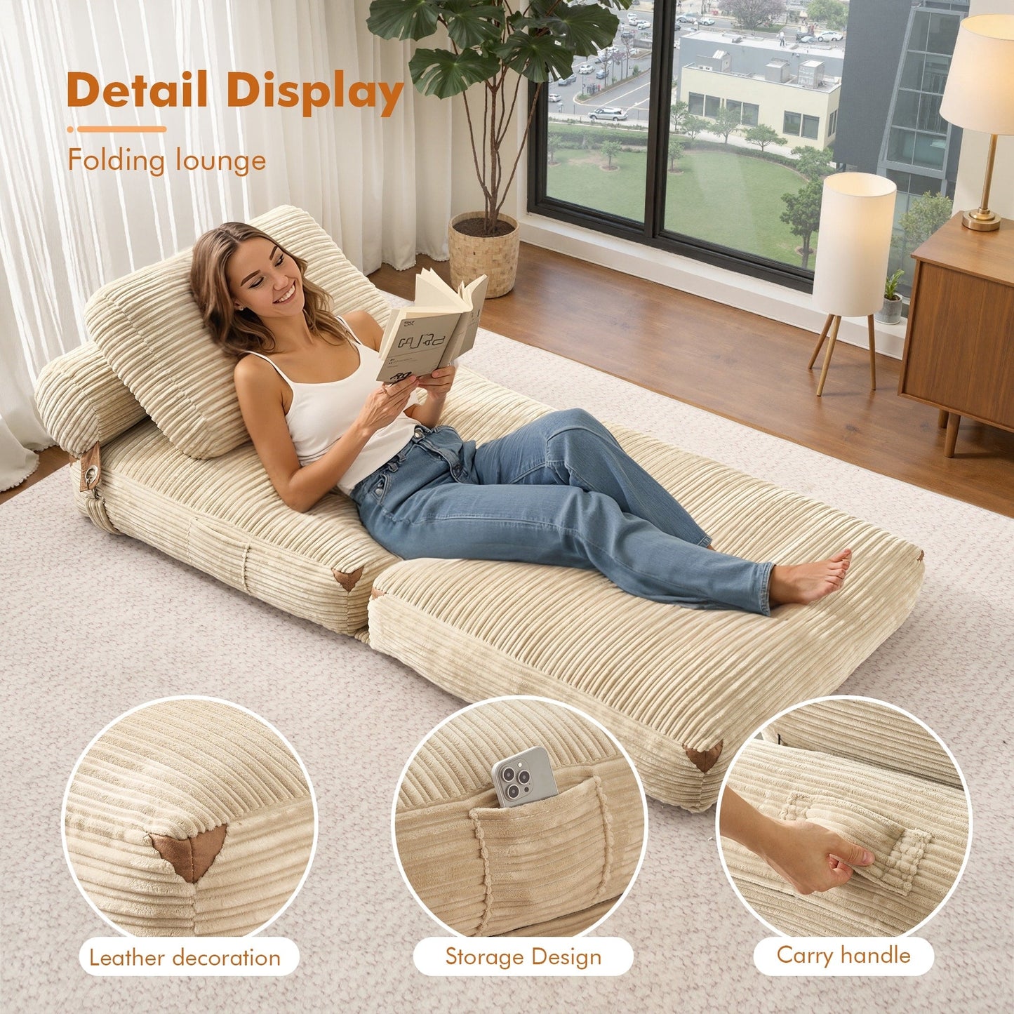 Canapé-lit pliable en tissu corduroy moderne HOOOWOOO