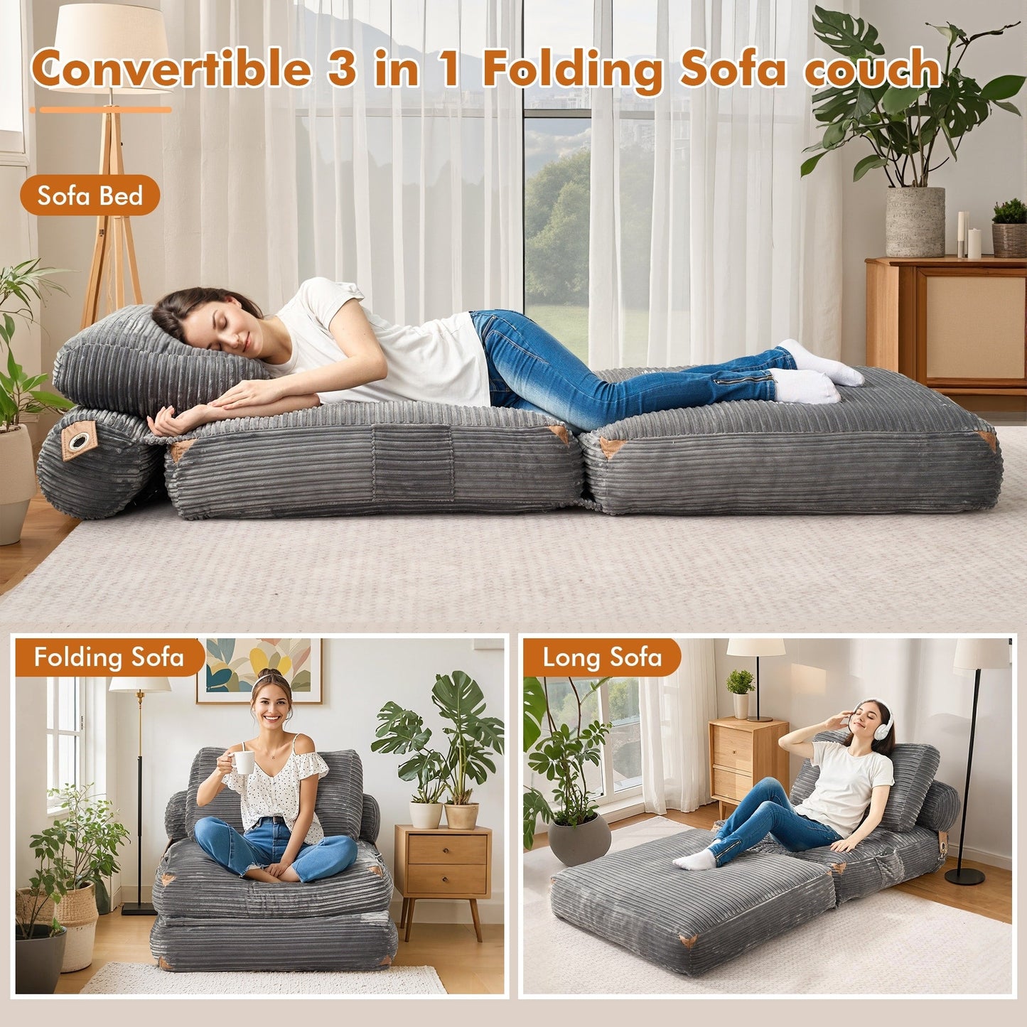Canapé-lit pliable en tissu corduroy moderne HOOOWOOO
