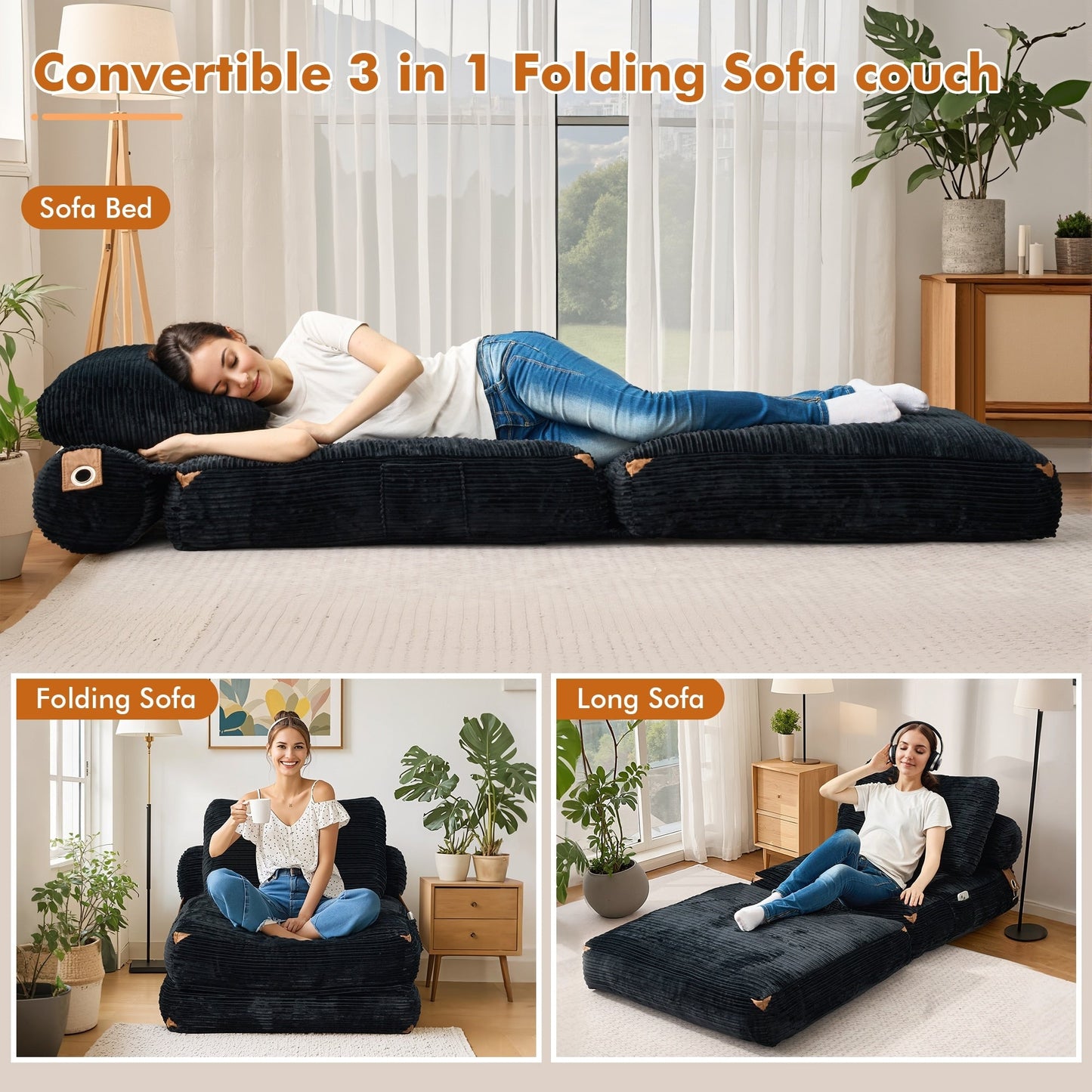 Canapé-lit pliable en tissu corduroy moderne HOOOWOOO