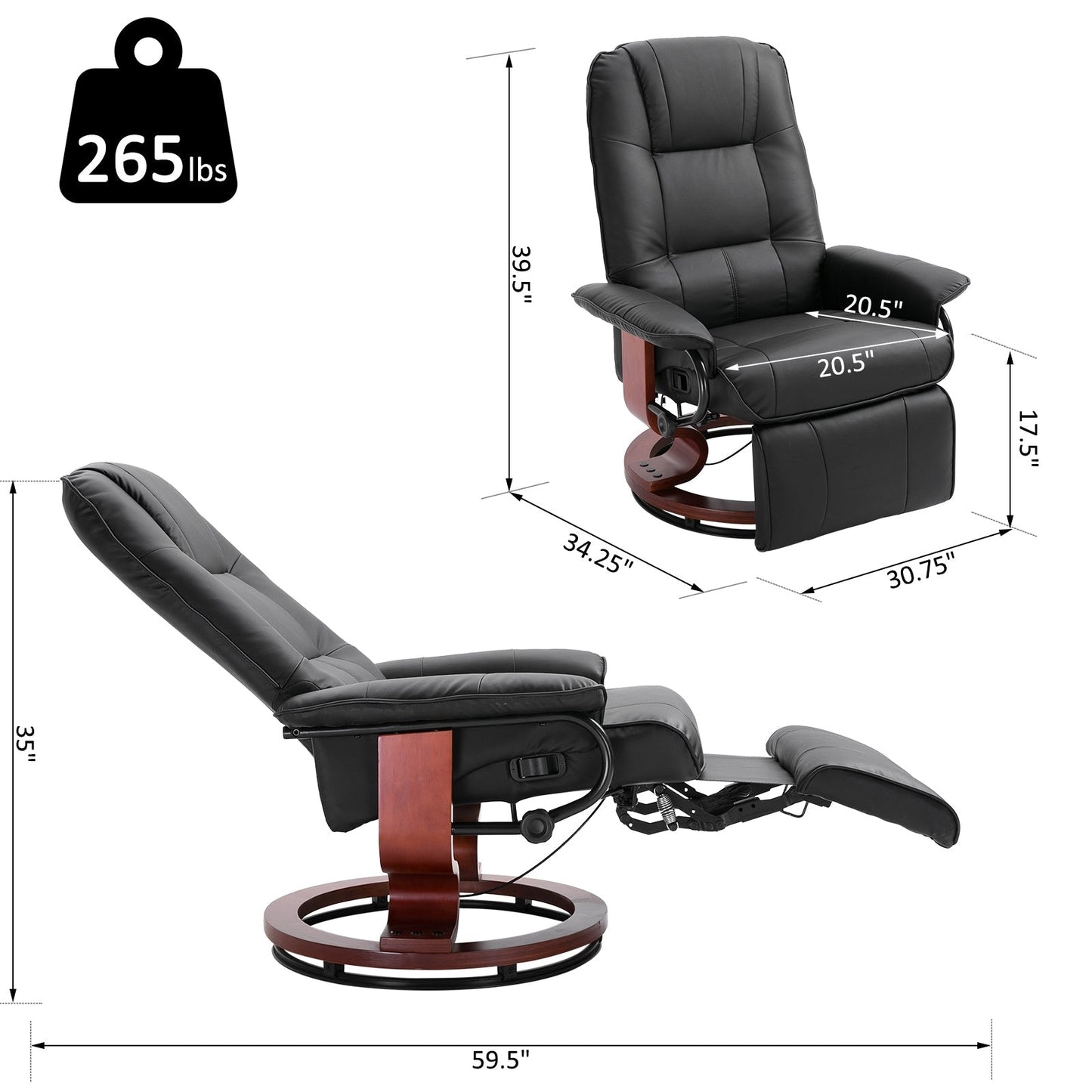 Fauteuil inclinable pivotant à base manuelle réglable en simili cuir avec repose-pieds confortable et relaxant de la marque HomCom