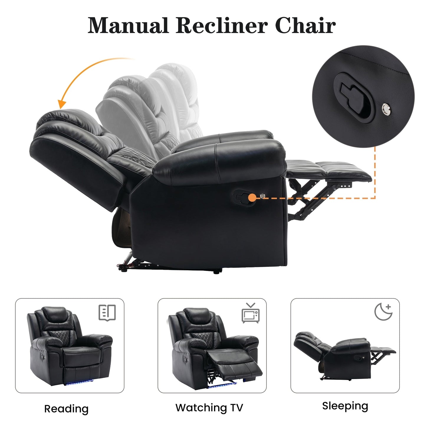 Fauteuil inclinable manuel pour cinéma maison avec rangement intégré.
