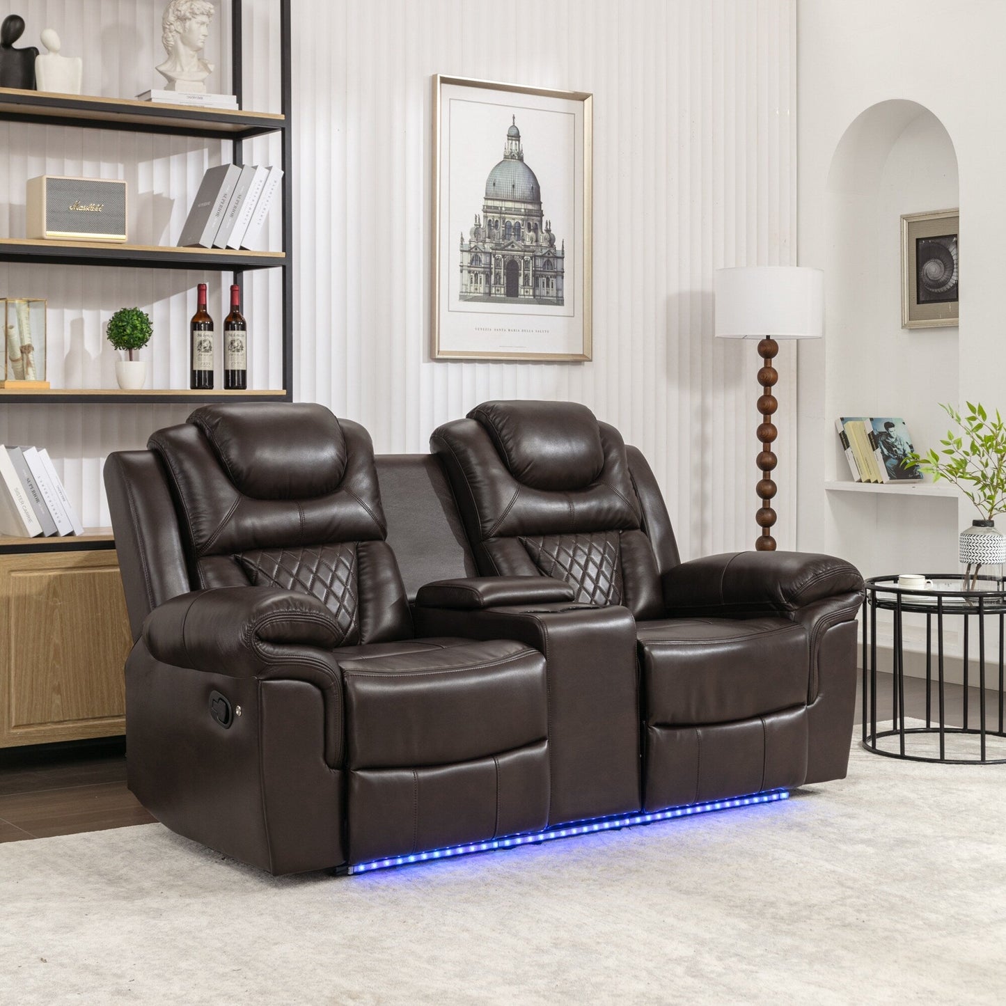 Fauteuil inclinable manuel pour cinéma maison avec rangement intégré.