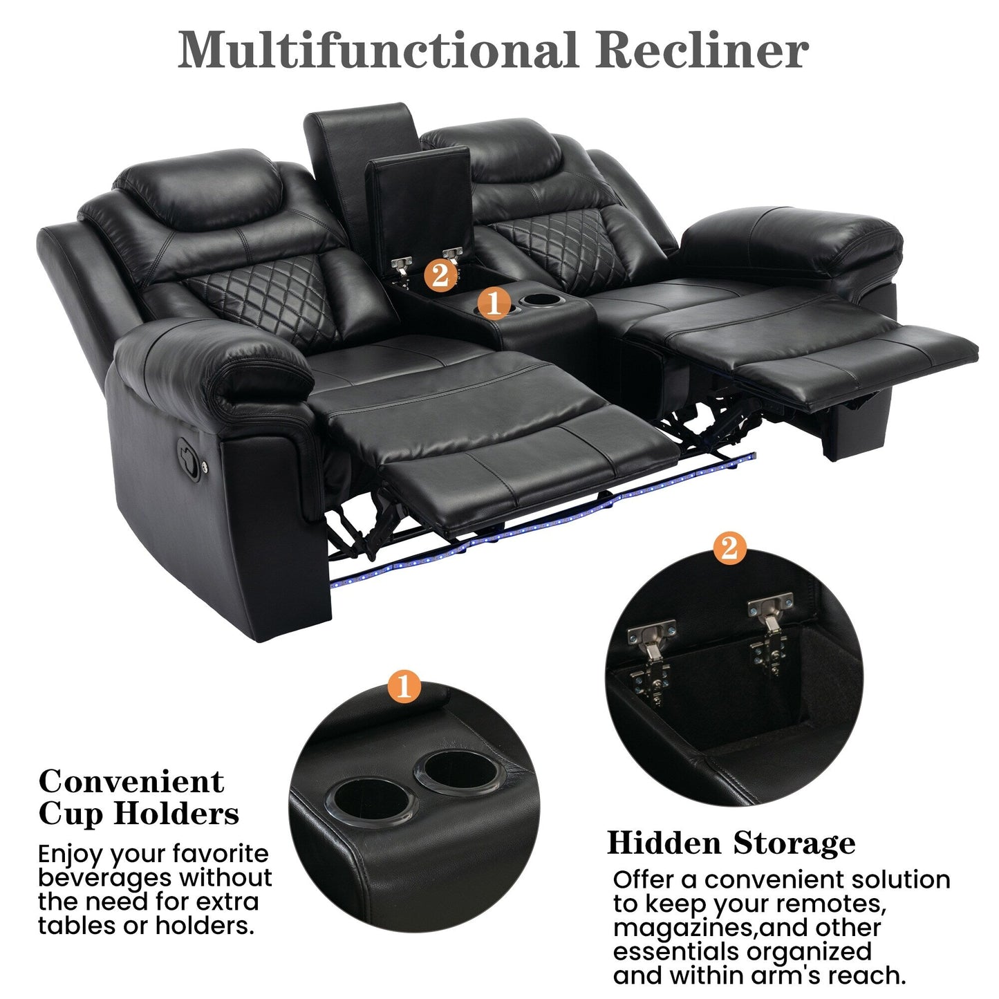 Fauteuil inclinable manuel pour cinéma maison avec rangement intégré.