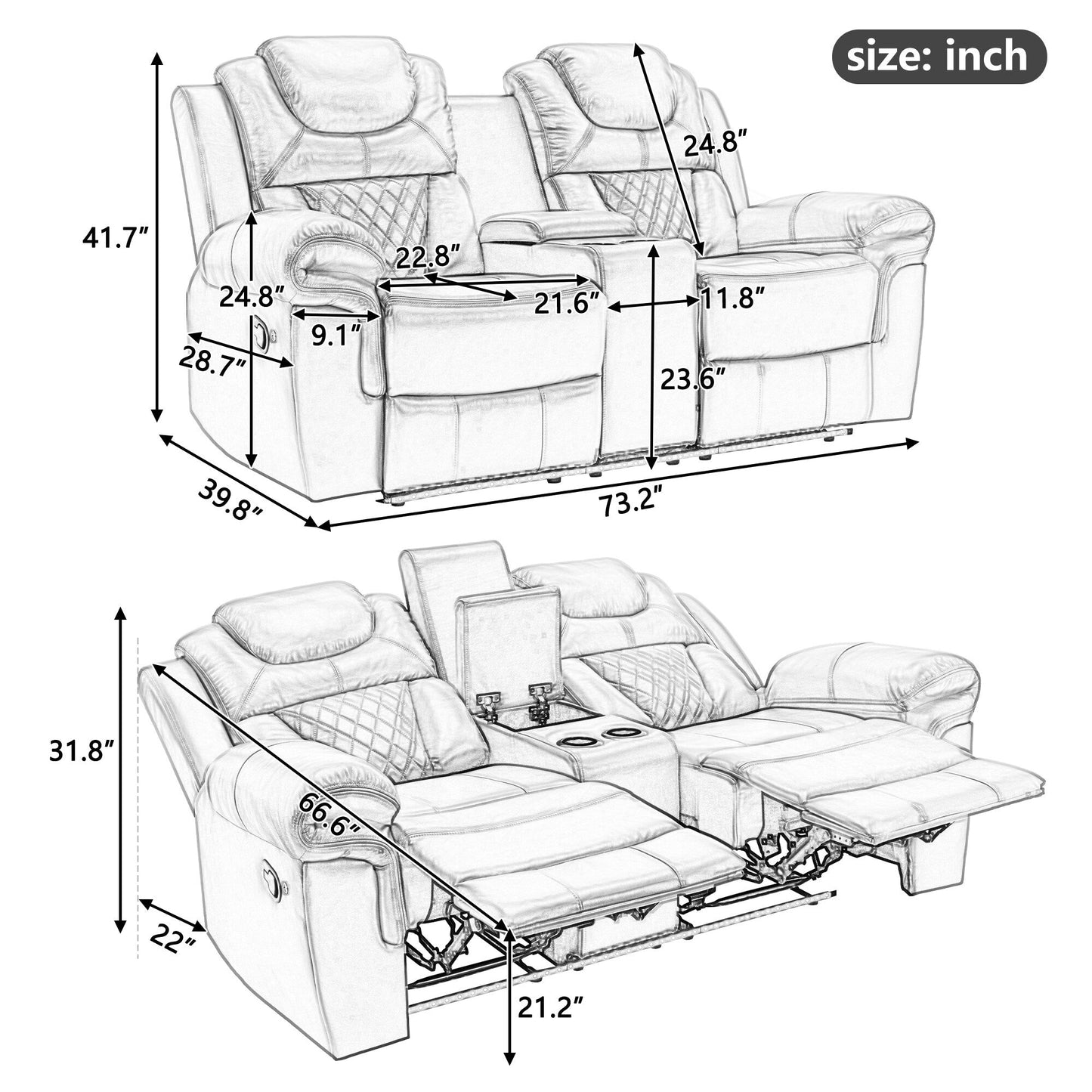 Fauteuil inclinable manuel pour cinéma maison avec rangement intégré.