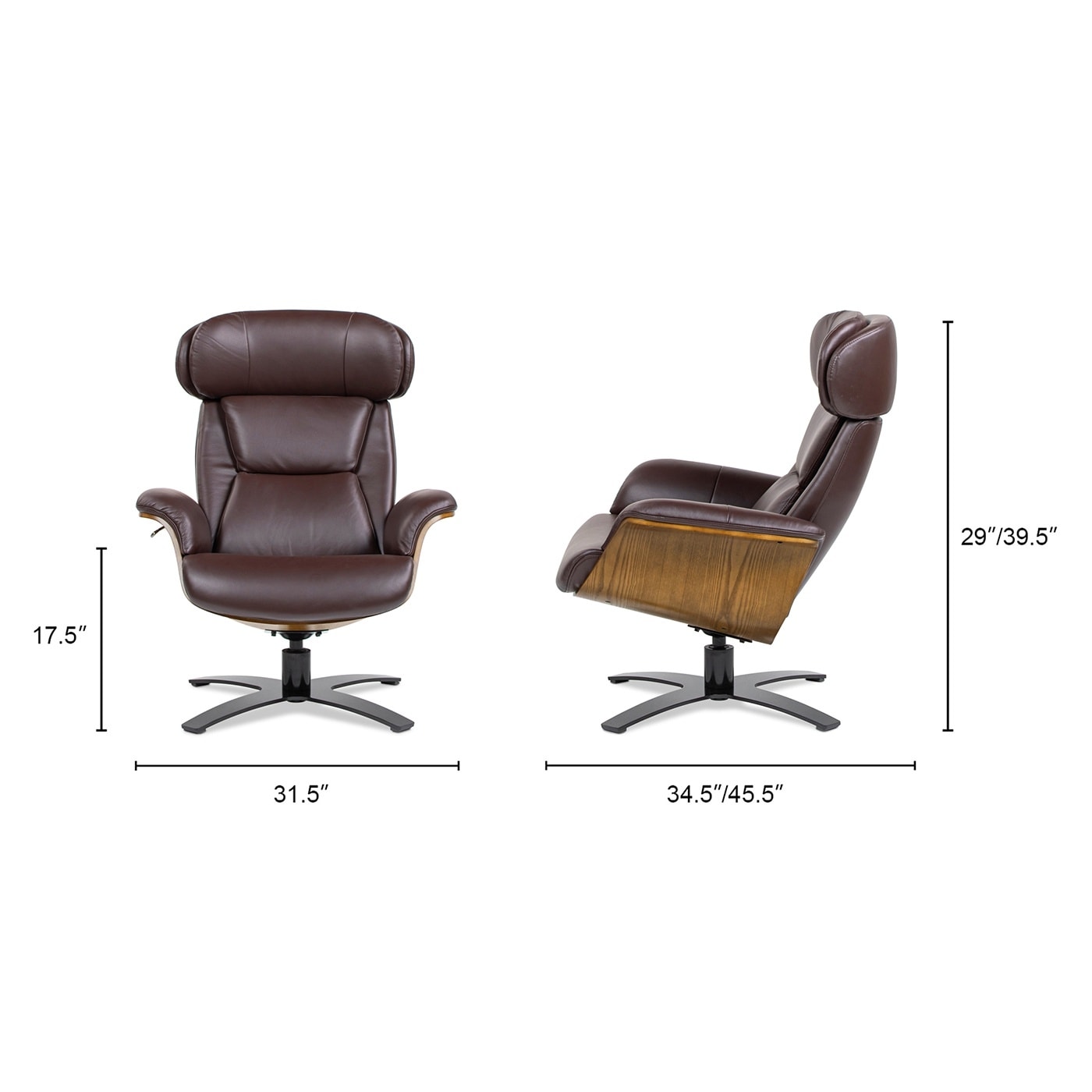 Fauteuil inclinable de salon Jovan en cuir véritable avec structure en bois incurvé de 31,5 pouces