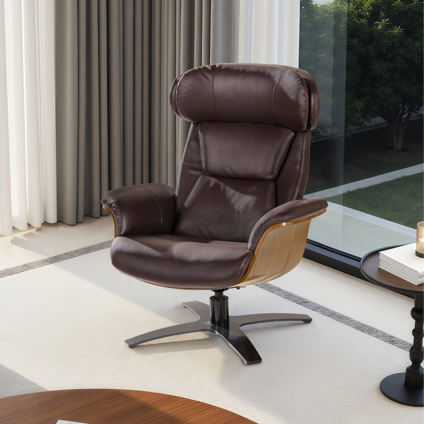 Fauteuil inclinable de salon Jovan en cuir véritable avec structure en bois incurvé de 31,5 pouces