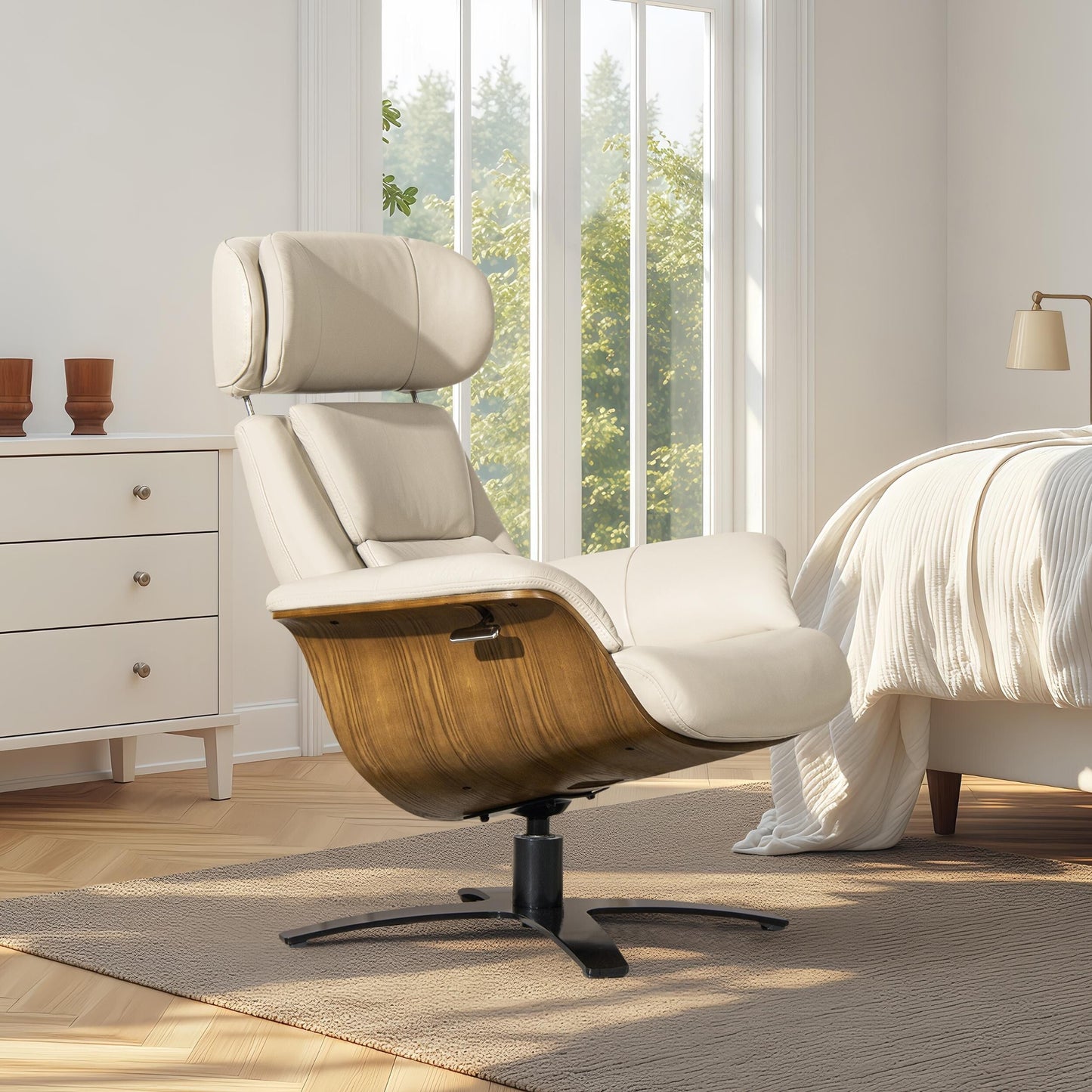 Fauteuil inclinable de salon Jovan en cuir véritable avec structure en bois incurvé de 31,5 pouces