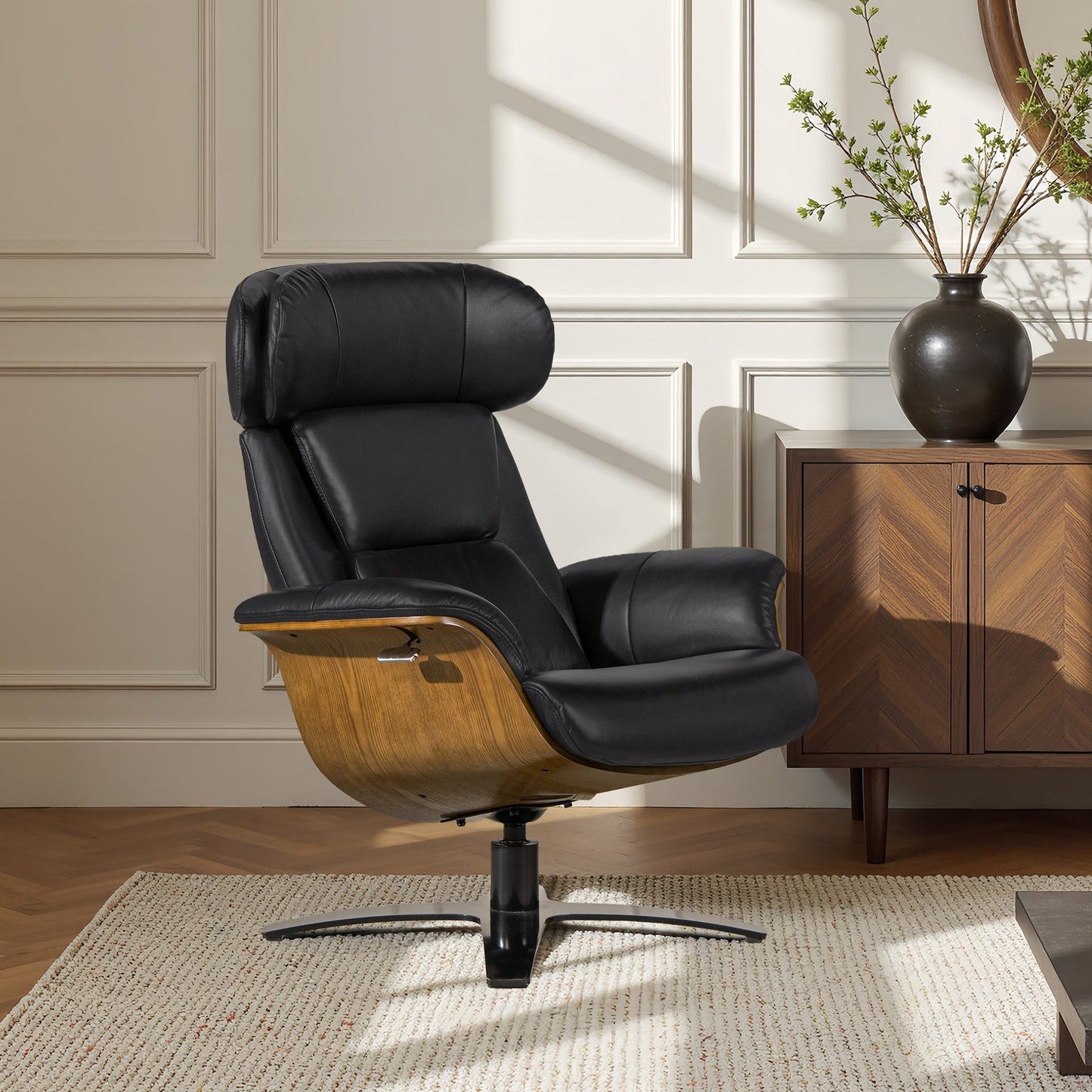 Fauteuil inclinable de salon Jovan en cuir véritable avec structure en bois incurvé de 31,5 pouces