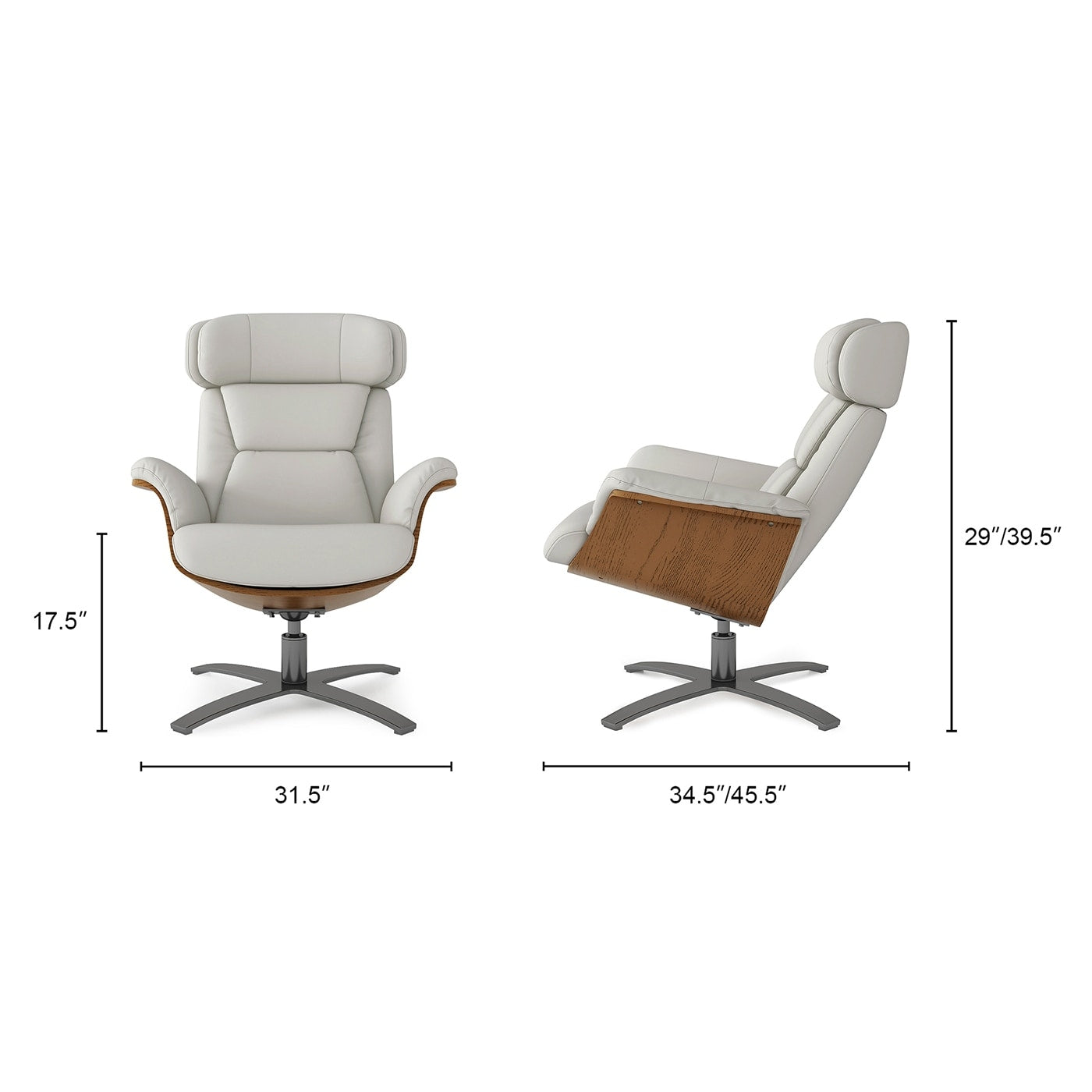 Fauteuil inclinable de salon Jovan en cuir véritable avec structure en bois incurvé de 31,5 pouces