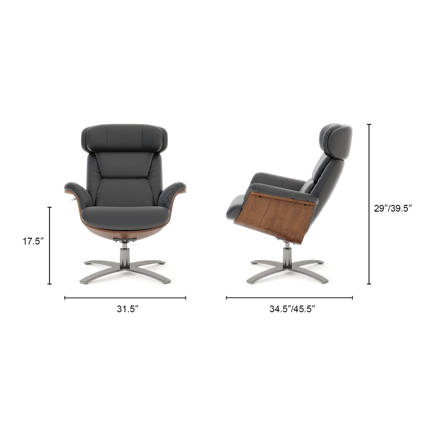 Fauteuil inclinable de salon Jovan en cuir véritable avec structure en bois incurvé de 31,5 pouces