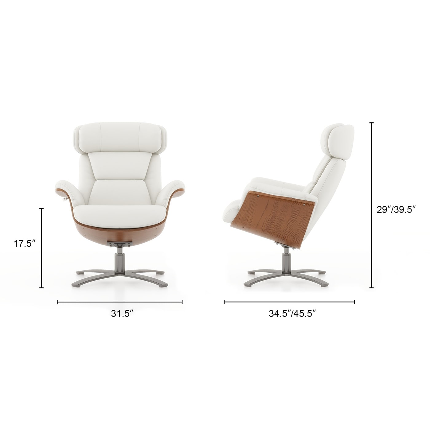 Fauteuil inclinable de salon Jovan en cuir véritable avec structure en bois incurvé de 31,5 pouces